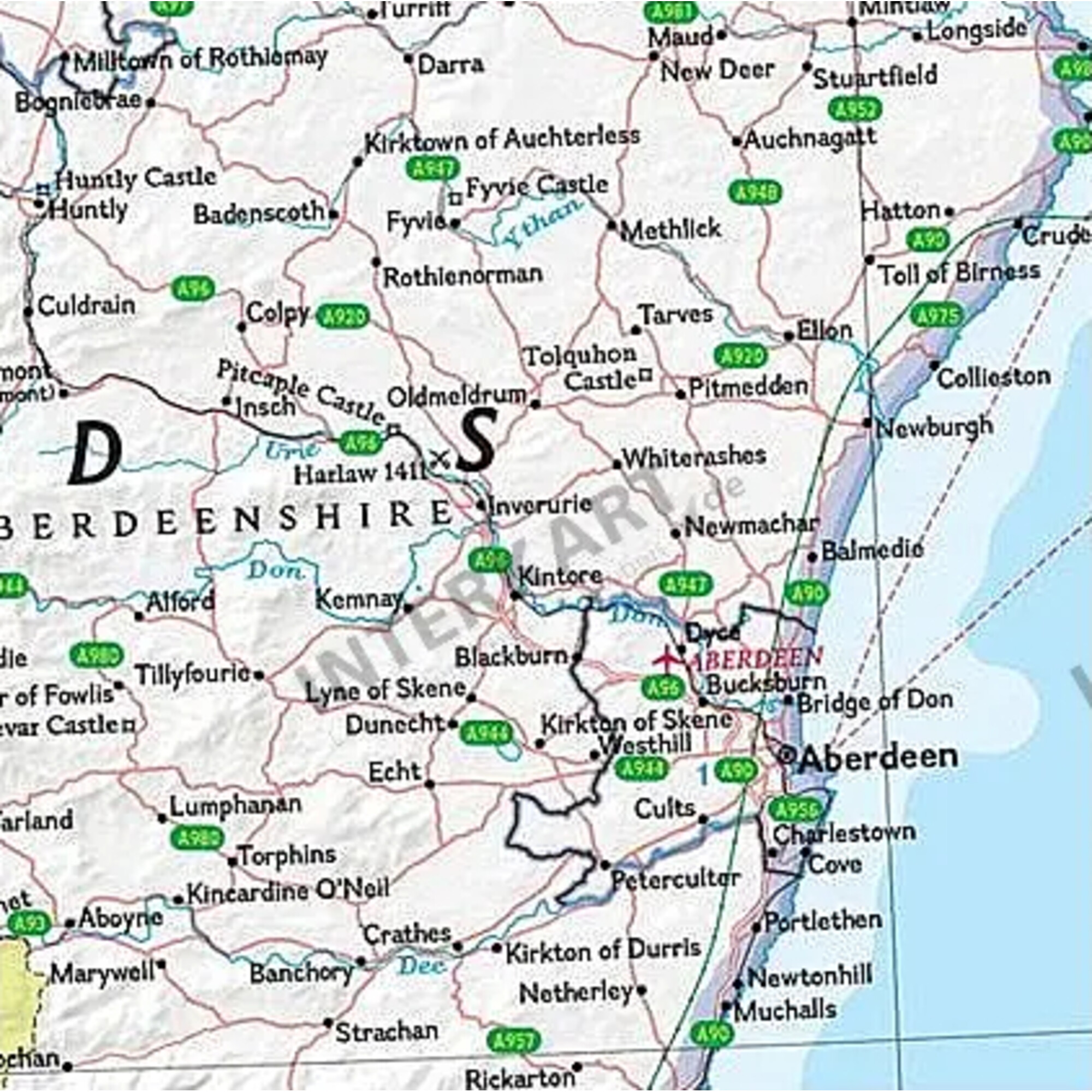 Karte von zentale Schottland mit Städten, Straßen und Flüssen.
