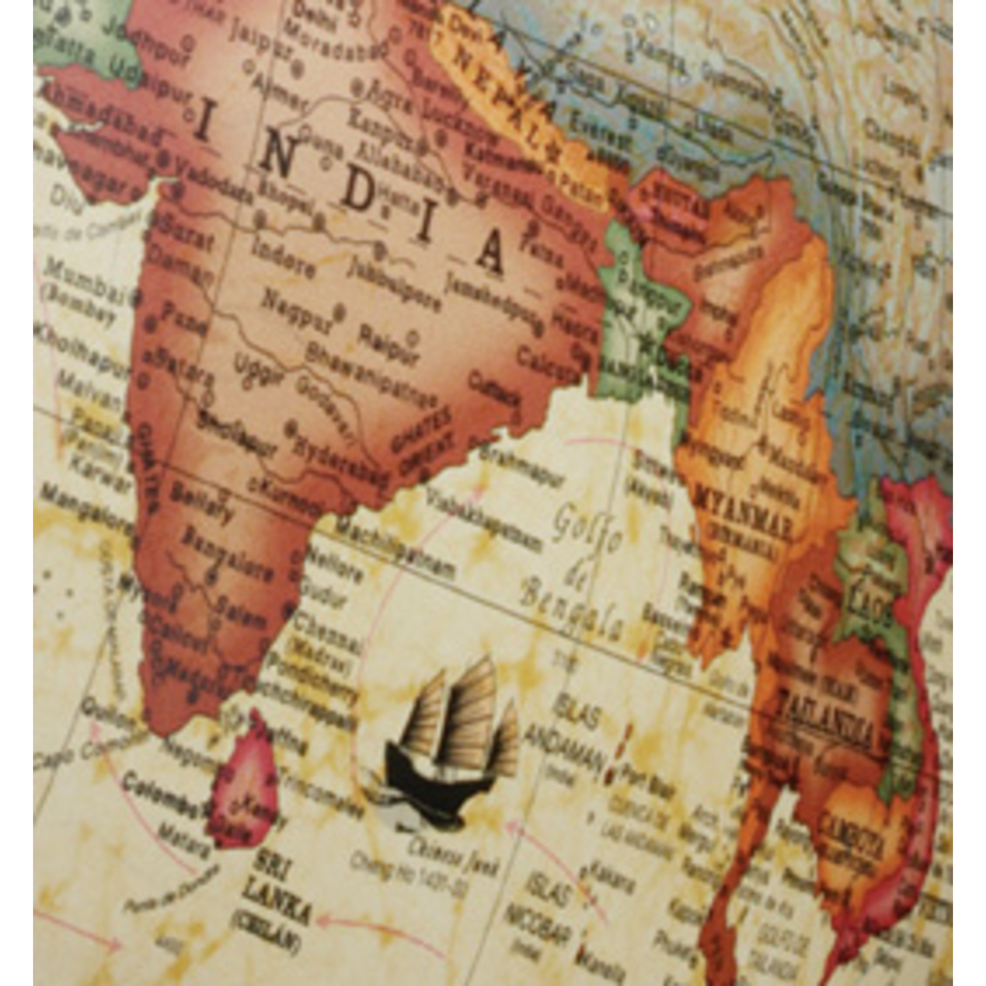 Karte von Indien, Nepal, Myanmar und Sri Lanka mit Städtenamen und einem Segelschiff.
