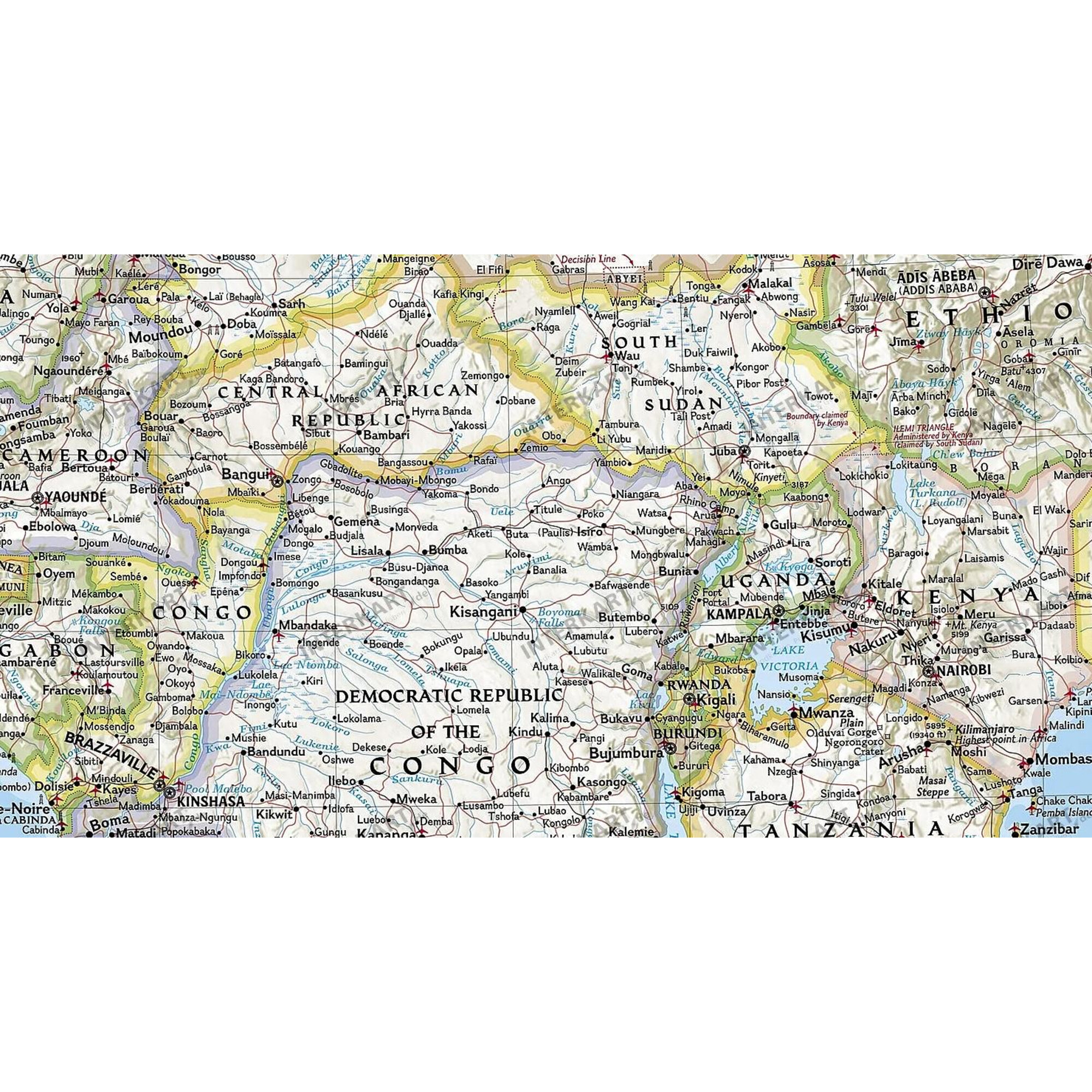 Karte von Zentral- und Südafrika mit Städten, Flüssen und Grenzen.