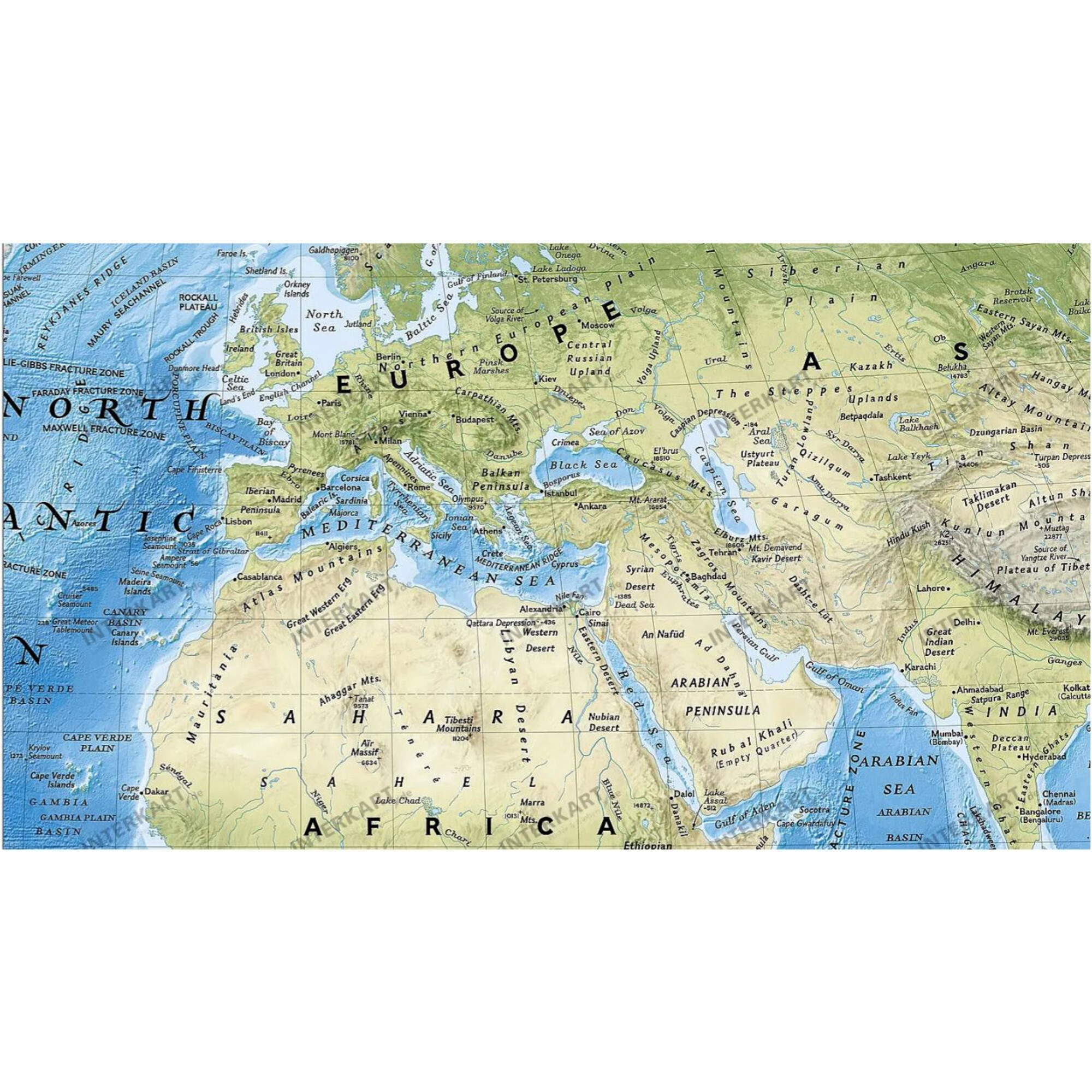 Karte von Europa, Afrika und Teilen Asiens mit Ozeanen, Ländern, Städten und Gebirgen.