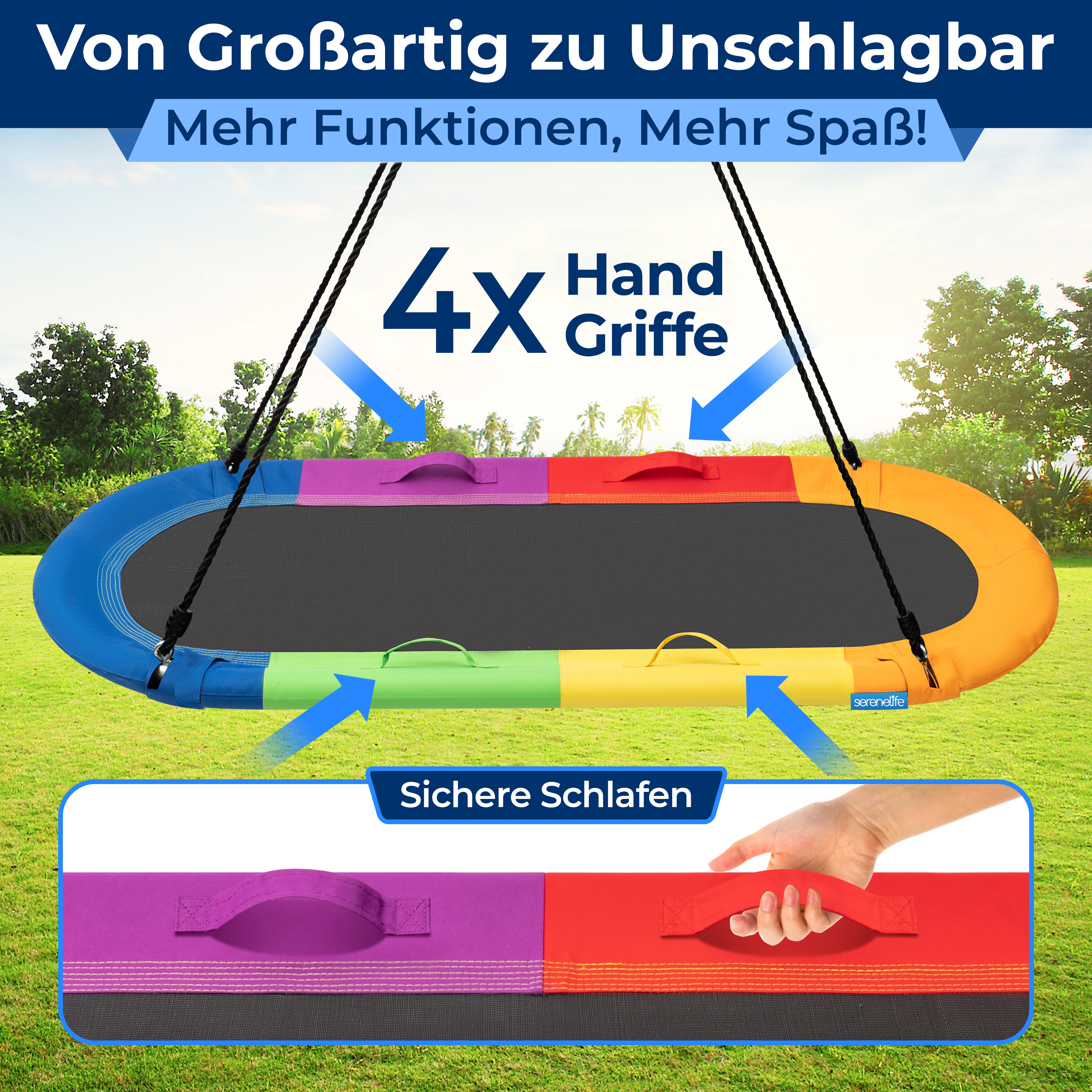Eine bunte Schaukel mit 4 Griffen auf grünem Gras. Text auf Deutsch.