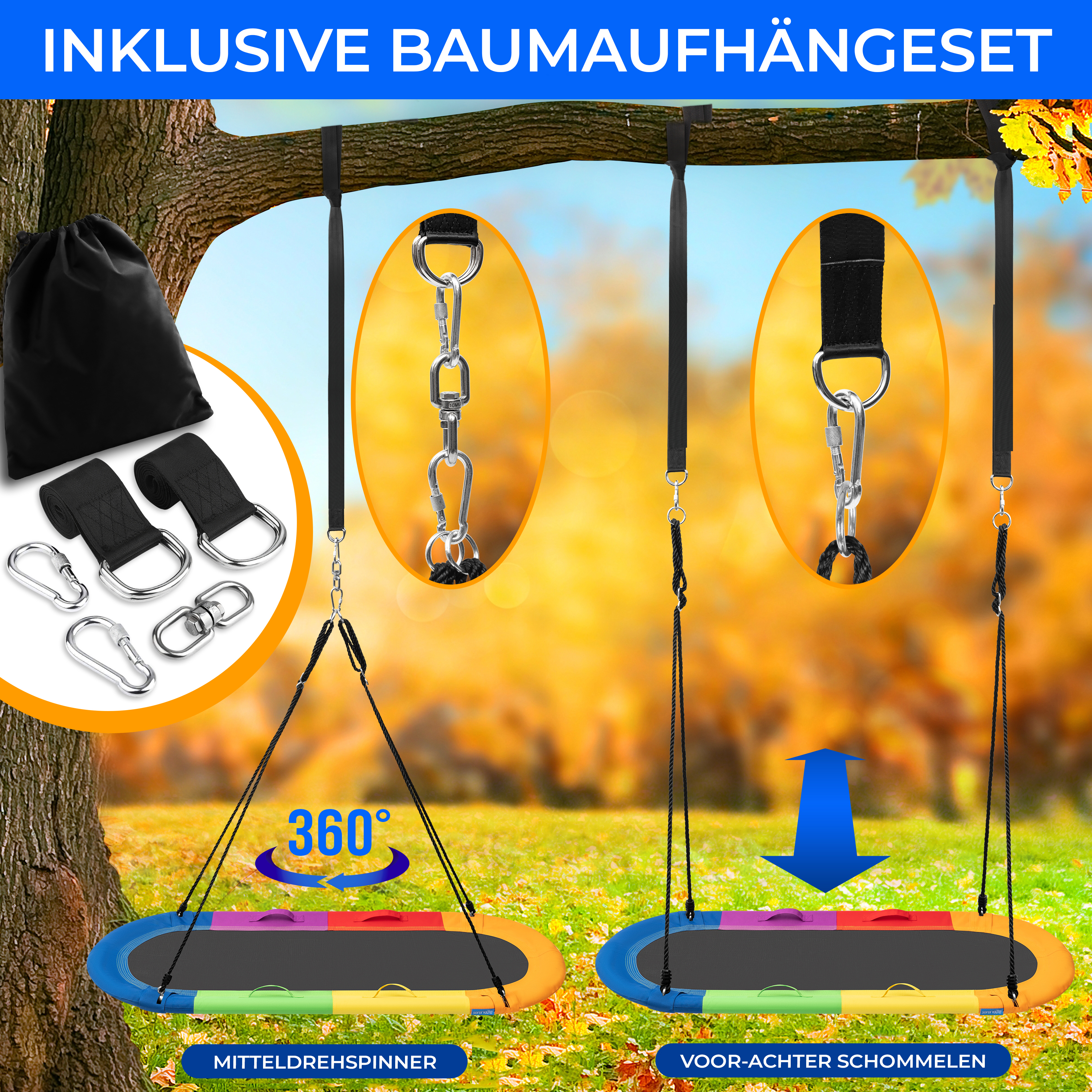 Ein farbenfrohes Baumschaukel-Set mit schwarzer Tragetasche, Metallkarabinern und Gurten.