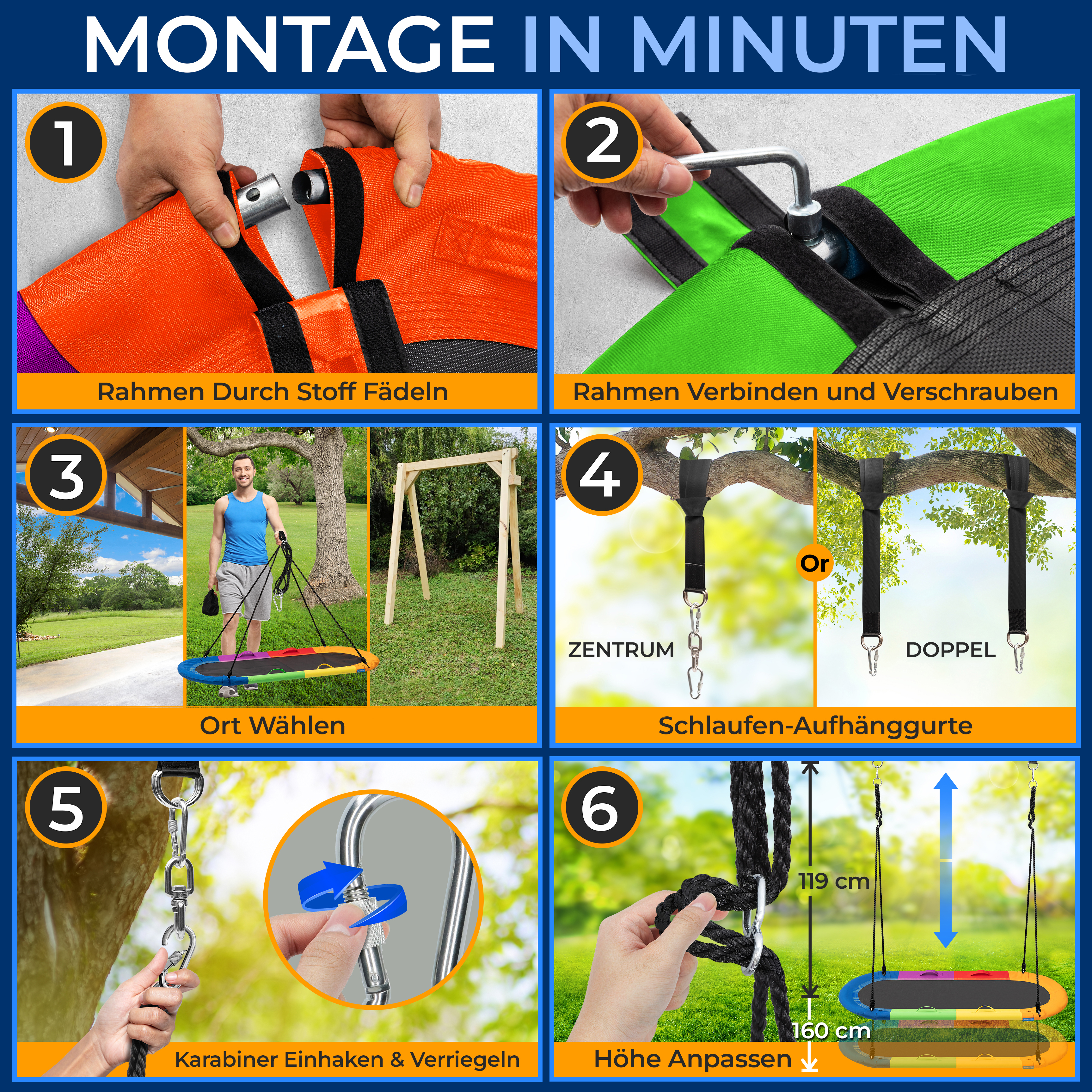 Montageanleitung für eine Schaukel in 6 Schritten.