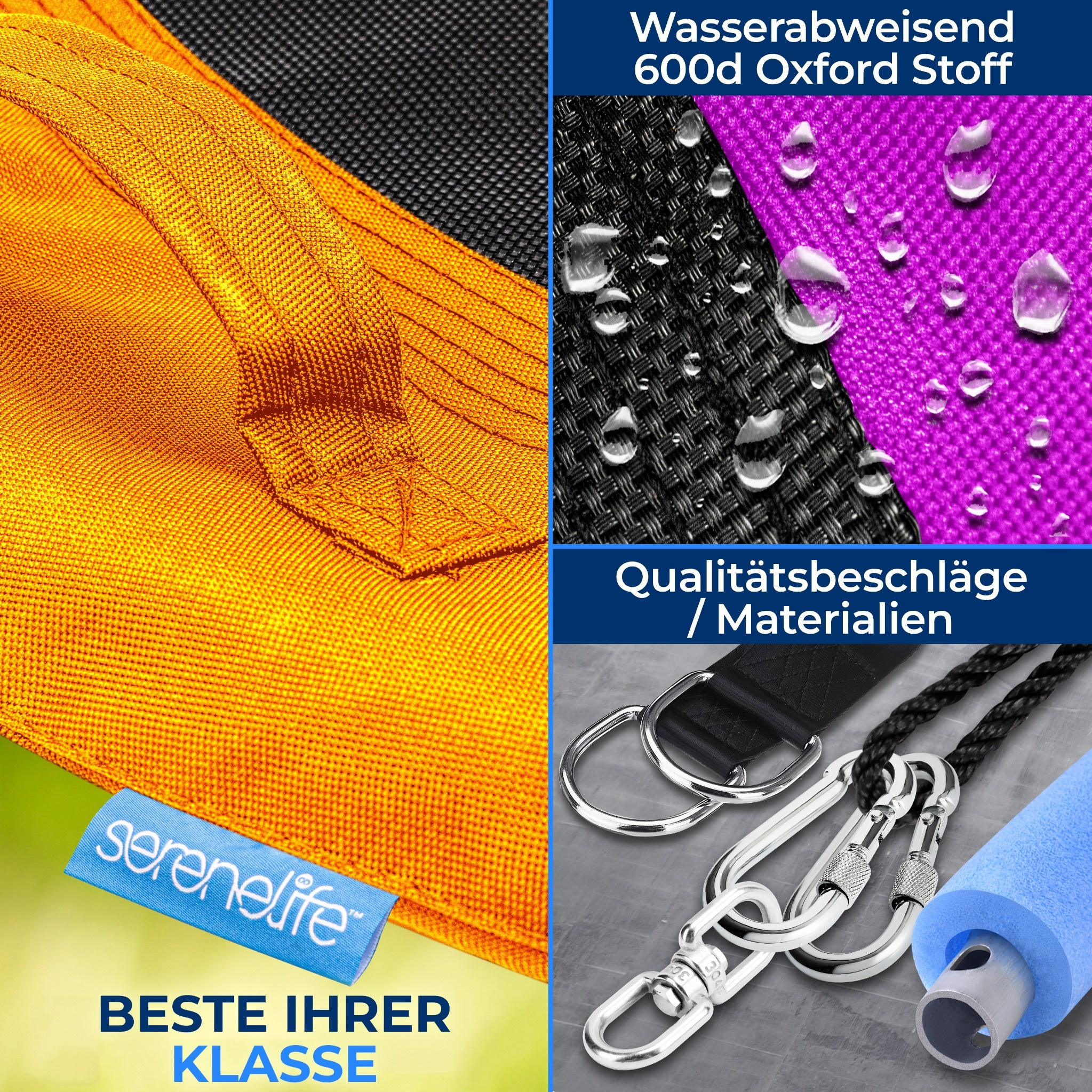 Orange Stoff, lila Stoff mit Wassertropfen, Karabinern und Seil.