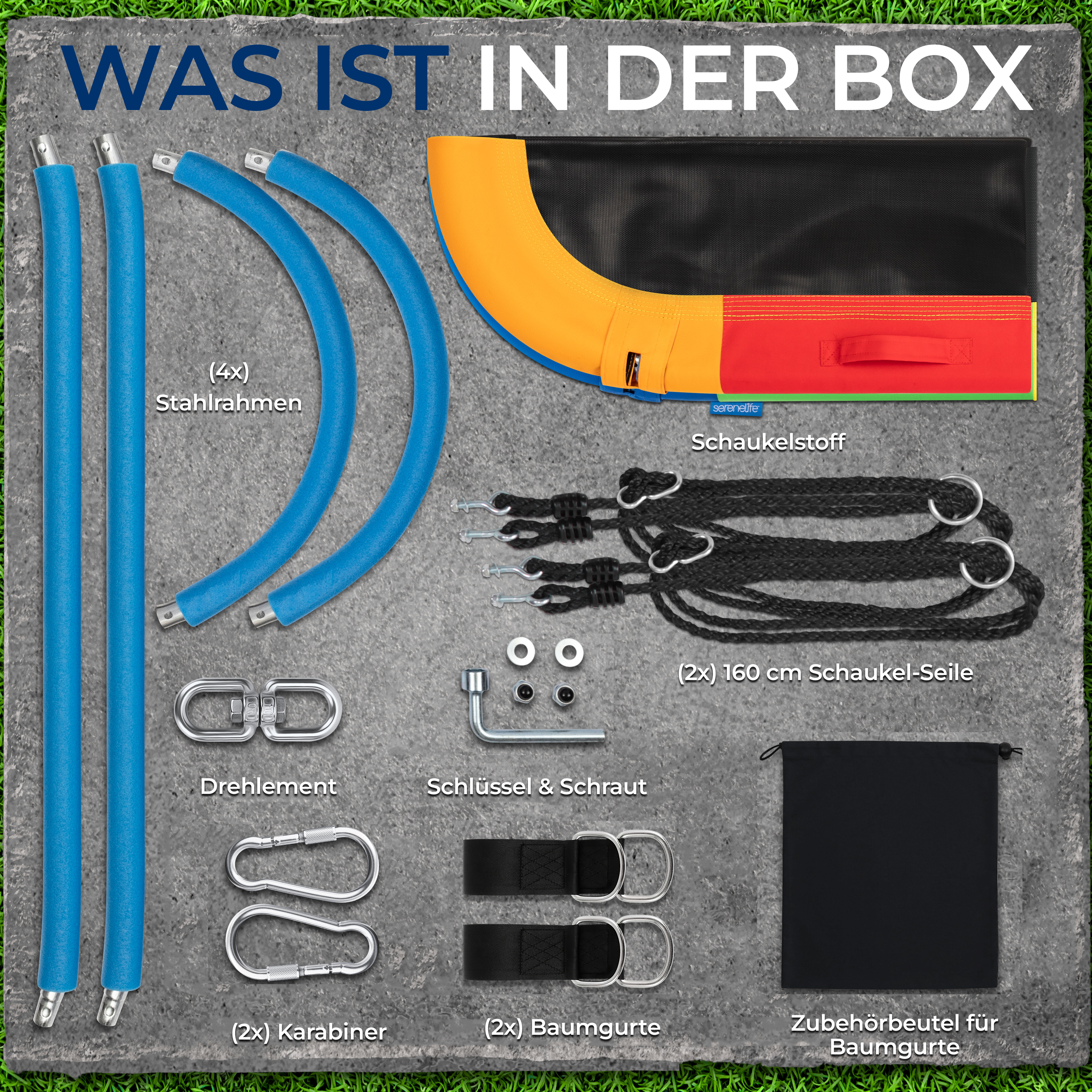 Inhalt der Box: blaue Stahlrahmen, Schaukelstoff, Seile, Karabiner, Gurte, Schlüssel, Schrauben, Tasche.