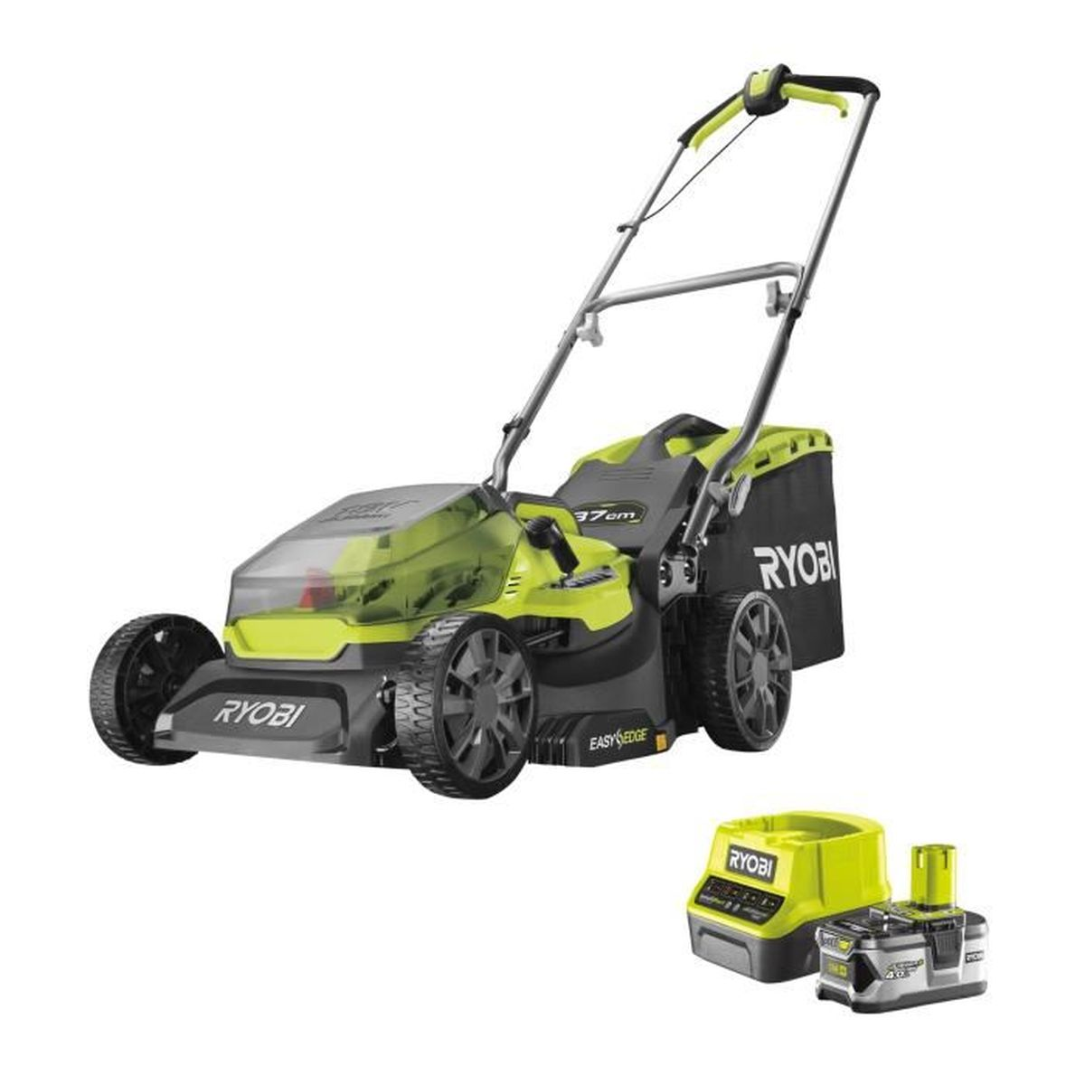 Ein Ryobi Rasenmäher in Grün und Schwarz mit Akku und Ladegerät.