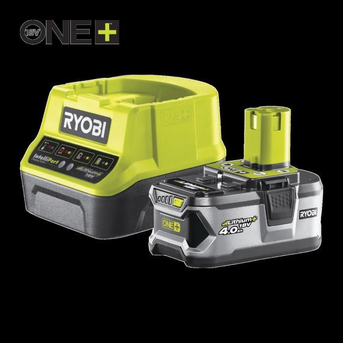 Ryobi 18V One+ IntelliPort Ladegerät und 4,0Ah Lithium-Akku.