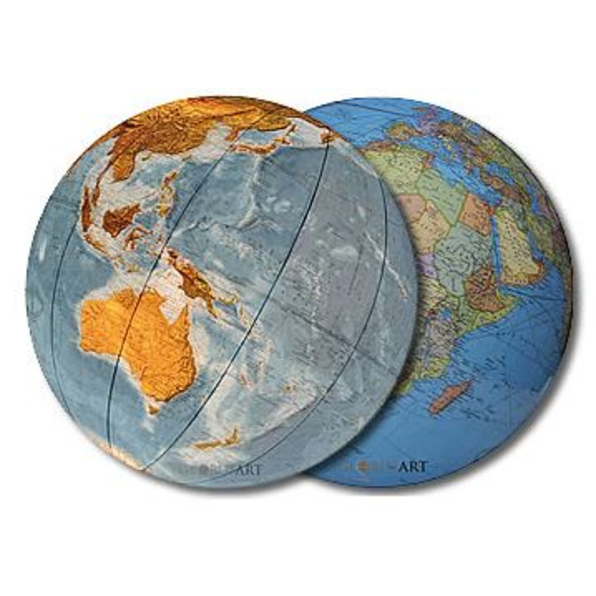Zwei Globen zeigen Kontinente und Ozeane. Einer hebt Australien hervor, der andere Afrika und Europa.