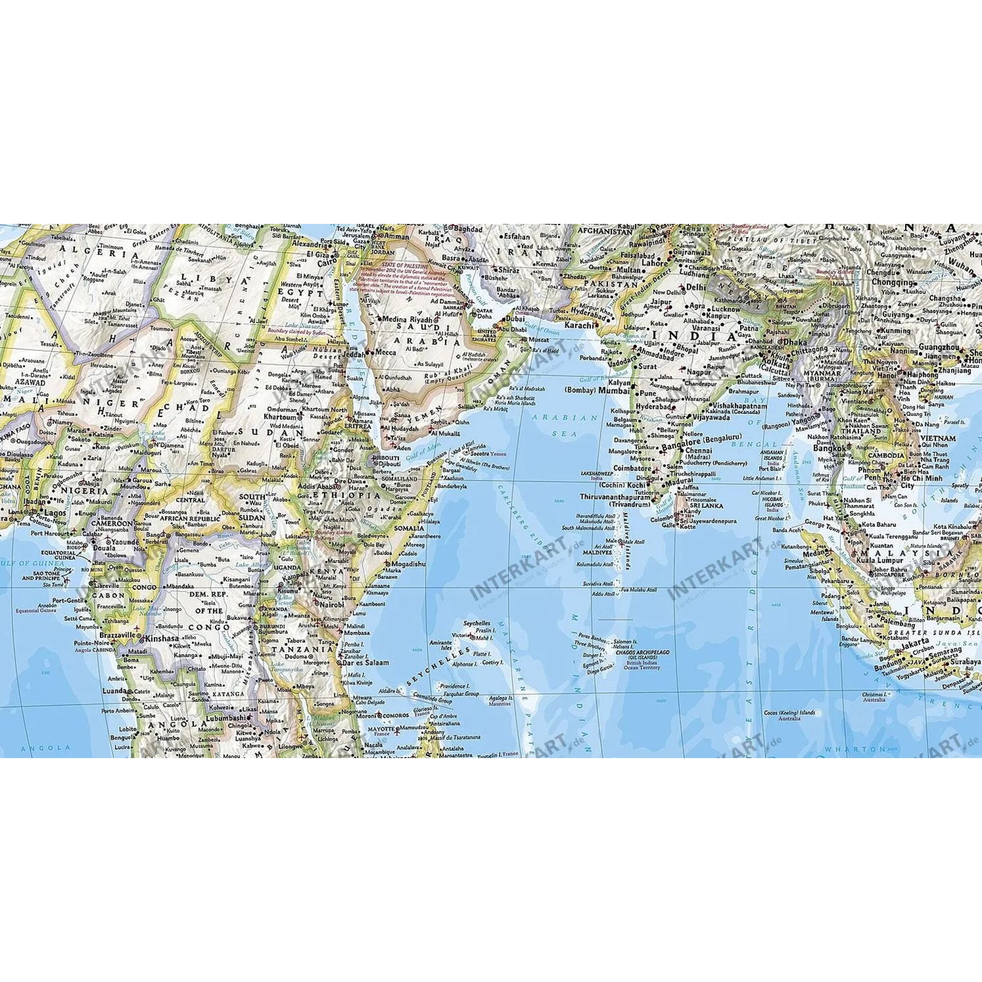 Eine Weltkarte mit Fokus auf Afrika, dem Nahen Osten und Südasien.