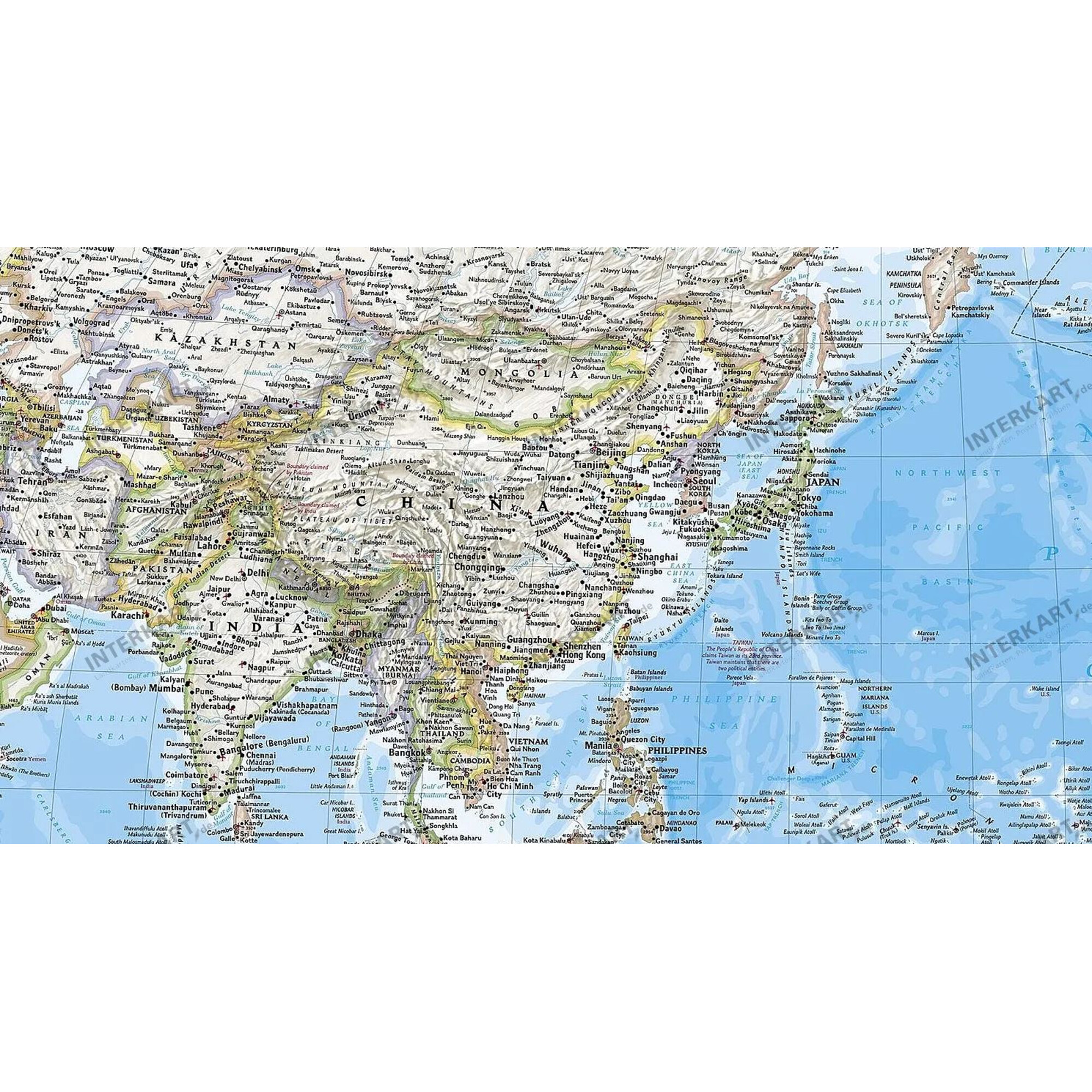 Eine politische Karte von Asien mit Städten, Ländern und Ozeanen.