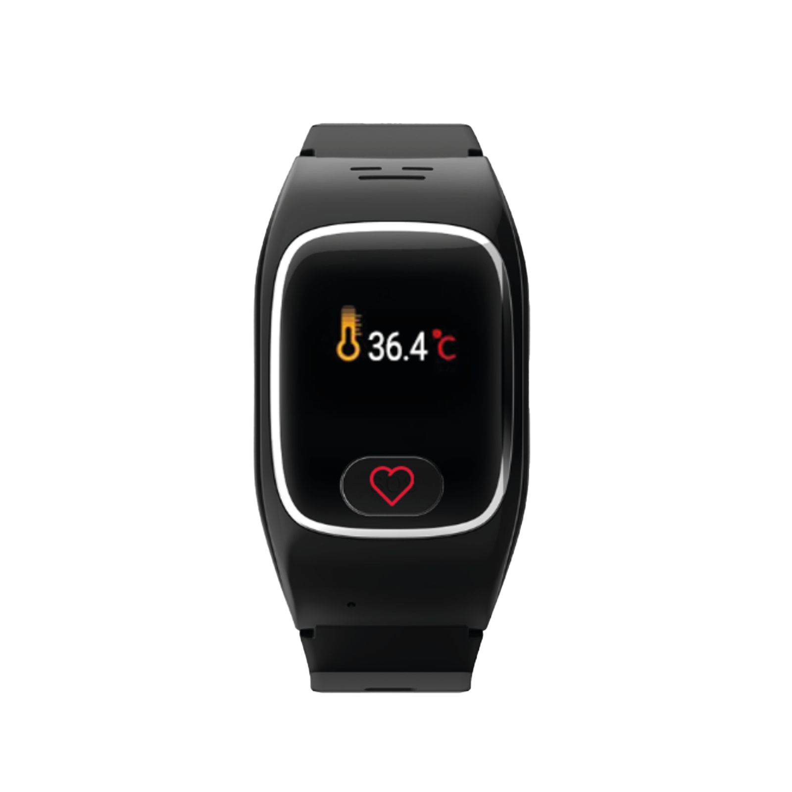 Schwarz Smartwatch mit Temperaturanzeige 36,4°C und Herzsymbol.