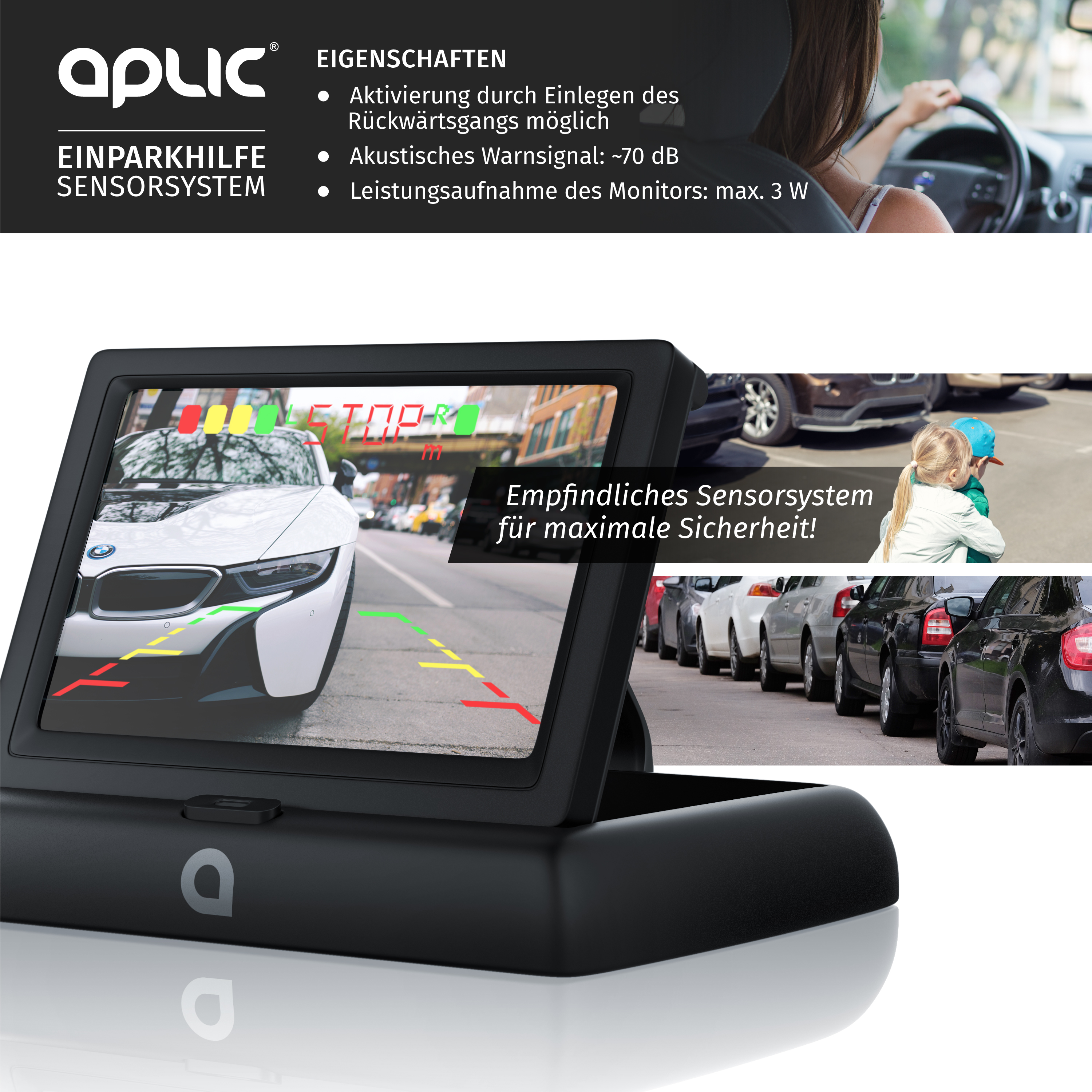 Einparkhilfe-Sensorsystem mit Monitor zeigt Rückfahrkamera-Bild und Parkhilfslinien.