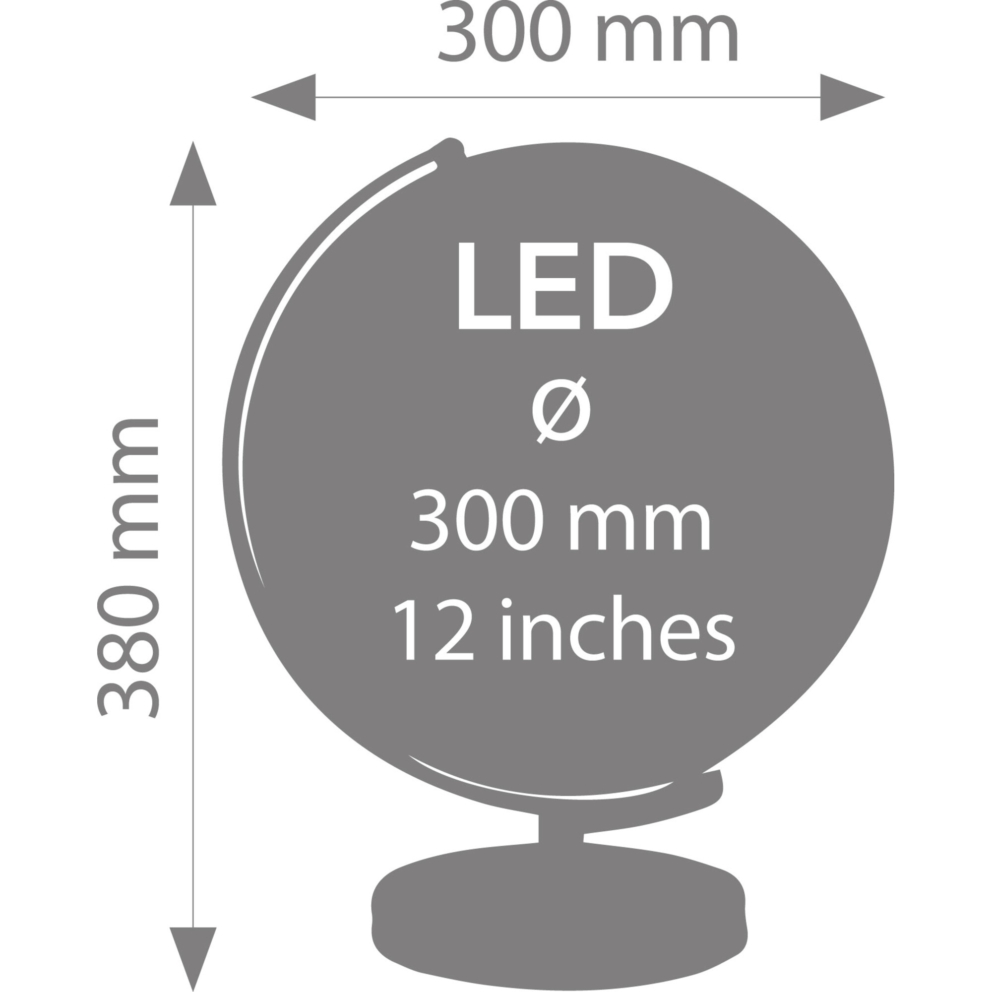 Grauer Globus mit LED-Anzeige, 300 mm Durchmesser, 380 mm Höhe.