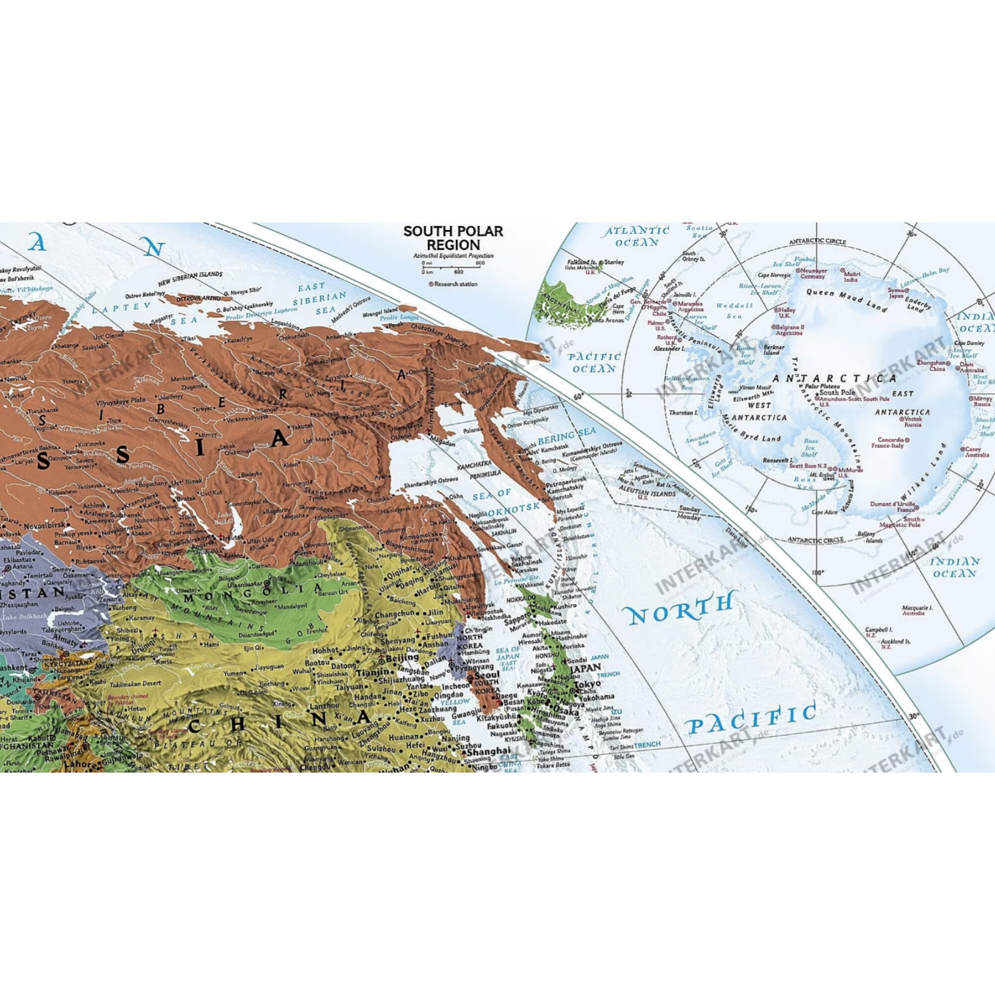 Karte der Arktis und Antarktis mit Ozeanen, Ländern und Städten.