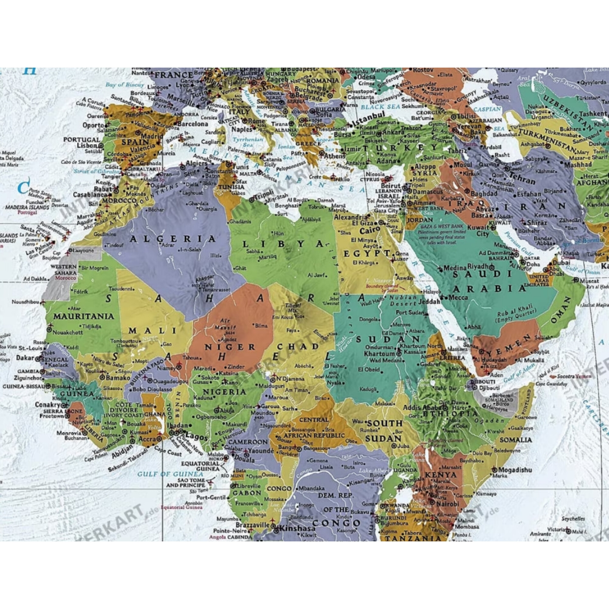 Eine politische Karte von Nordafrika, Südeuropa und dem Nahen Osten mit Ländern, Hauptstädten und Gewässern.