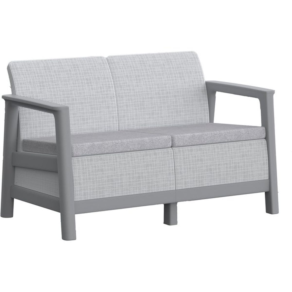 Graues Sofa mit zwei Sitzkissen und Stoffrückenlehne auf vier Beinen.