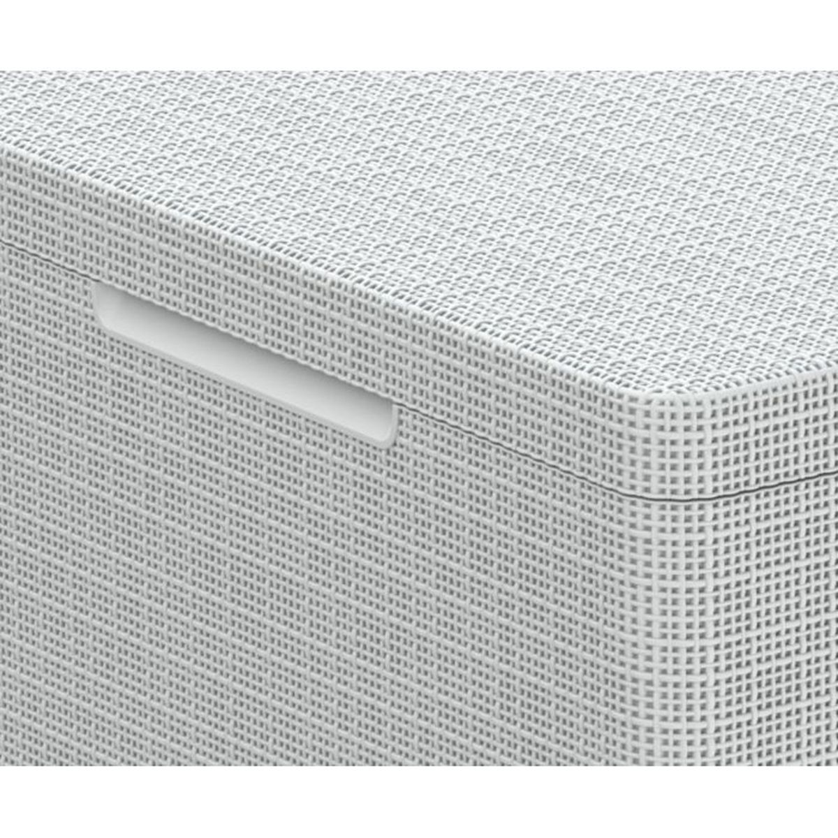 Ein weißer Korb mit Griffdetails aus Kunststoff.