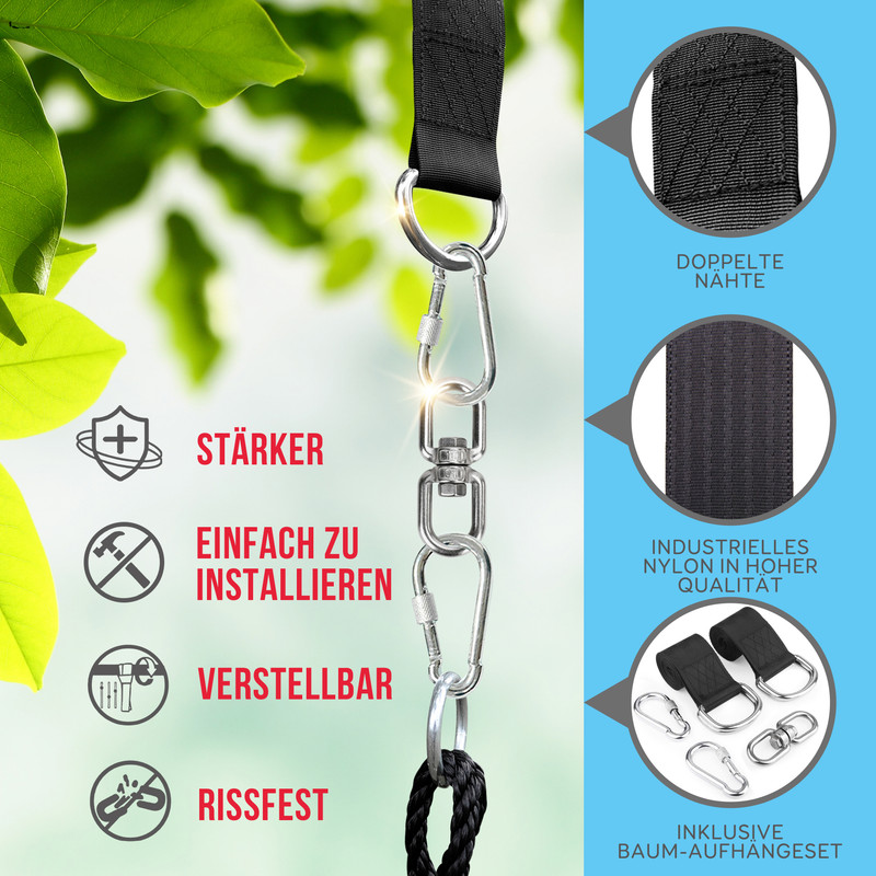 Starkes Aufhängeset mit Karabinerhaken, Ringösen und Baumgurt.