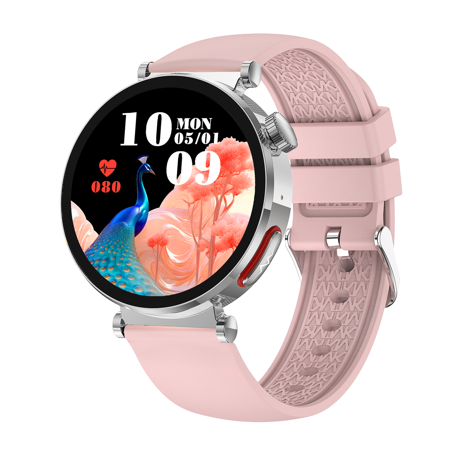 Eine rosafarbene Smartwatch mit Pfauen-Zifferblatt und Herzfrequenzanzeige.