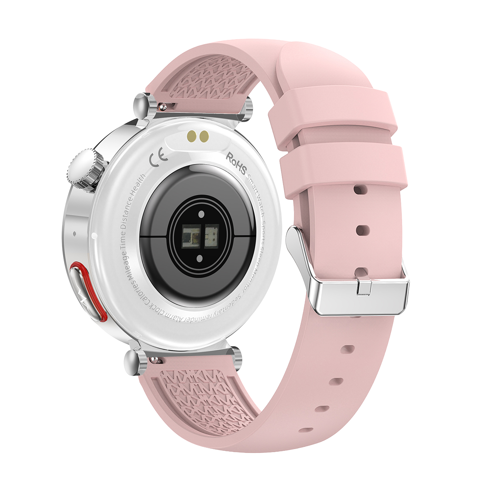 Rückseite einer rosa Smartwatch mit silbernen Schnallen und Sensoren.