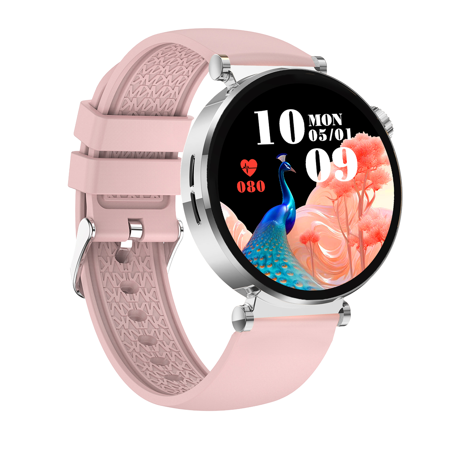 Eine pinke Smartwatch mit Pfauen-Display und Herzfrequenzanzeige.