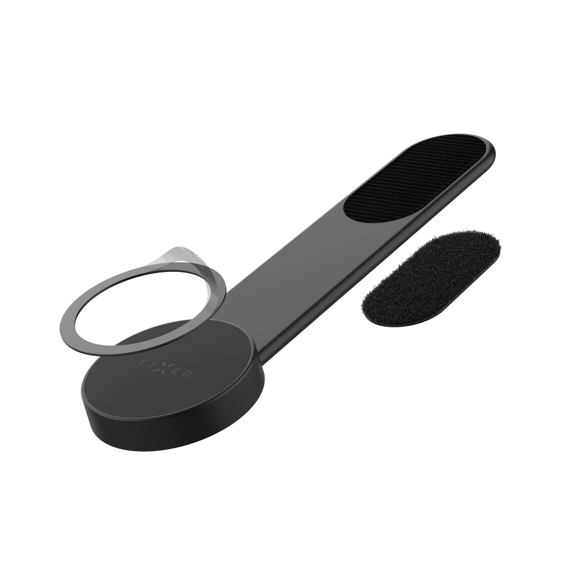 Ein schwarzer Handyhalter mit Ring und Klettband auf weißem Hintergrund.