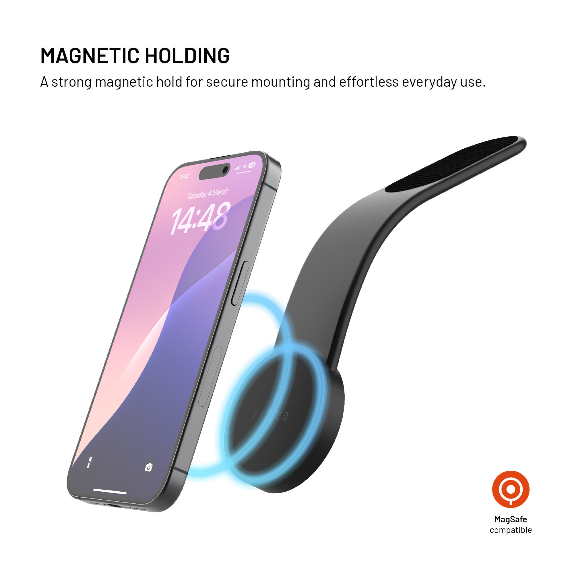 Ein Smartphone wird magnetisch von einem schwarzen Halter gehalten.