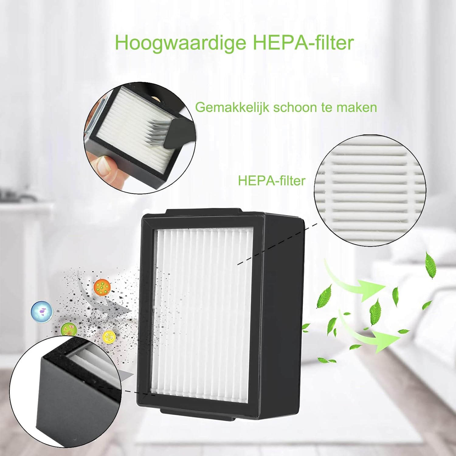 Ein HEPA-Filter mit Detailaufnahmen, die Reinigung und Luftstrom zeigen.