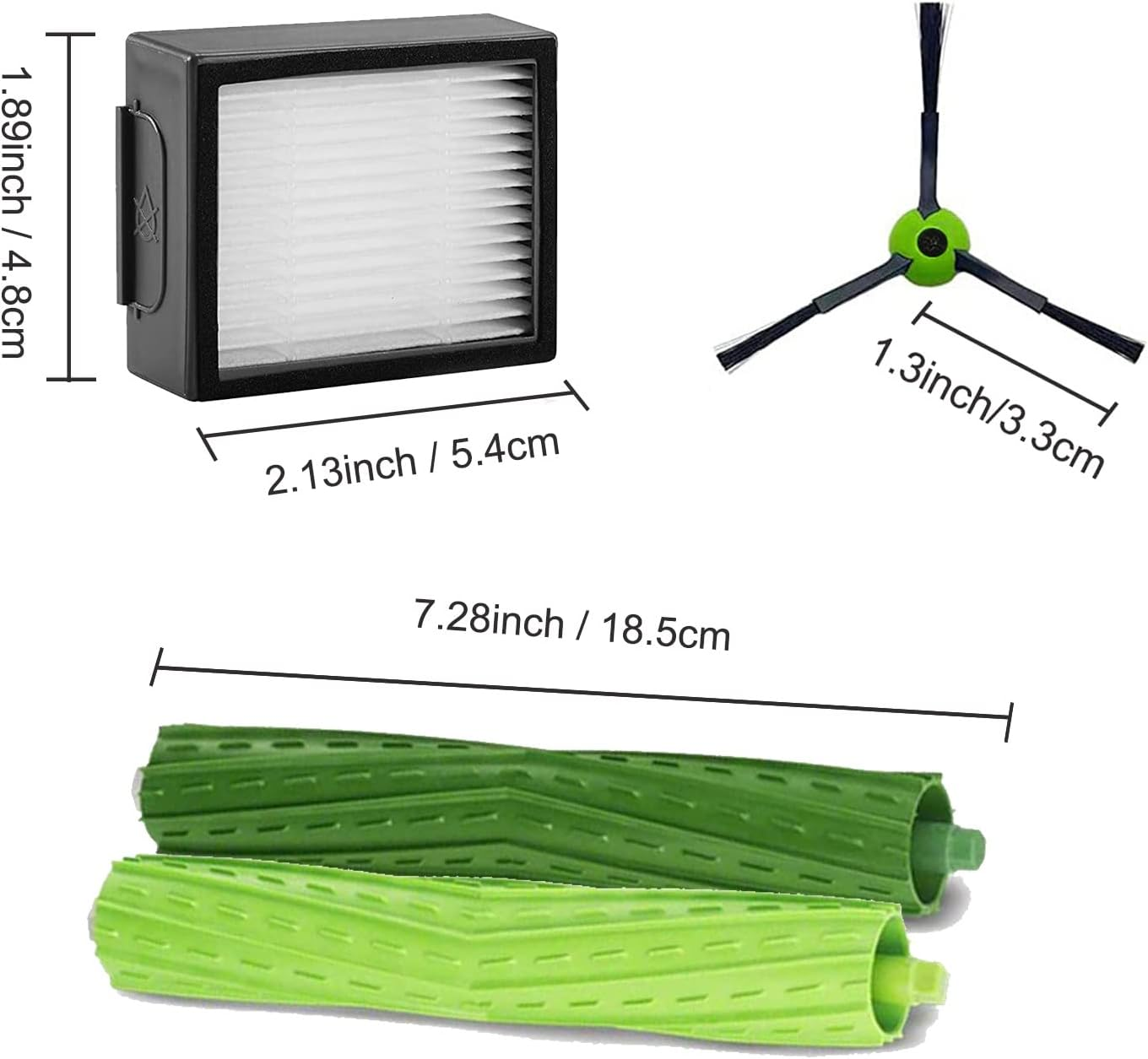 Ein schwarzer Filter, ein Bürstenkopf und zwei grüne Rollbürsten.