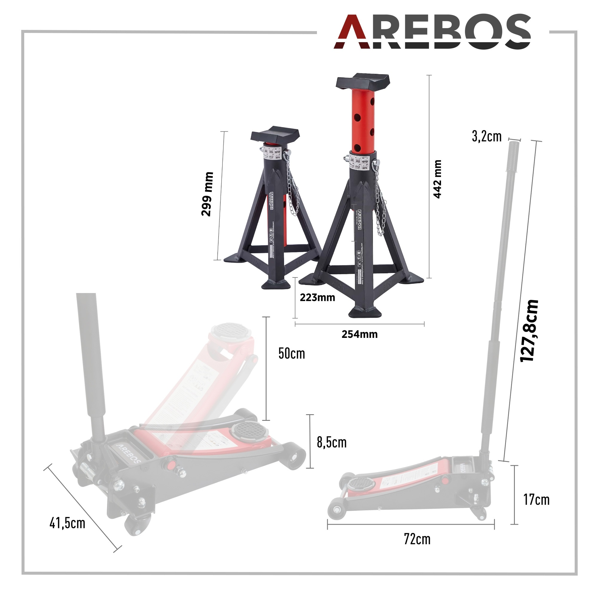 Arebos 3T Hydraulik-Rangierwagenheber Flach + 2 Unterstellböcke – Set Mit 3 Gummiauflagen, TÜV-geprüft, Hub 85-500mm