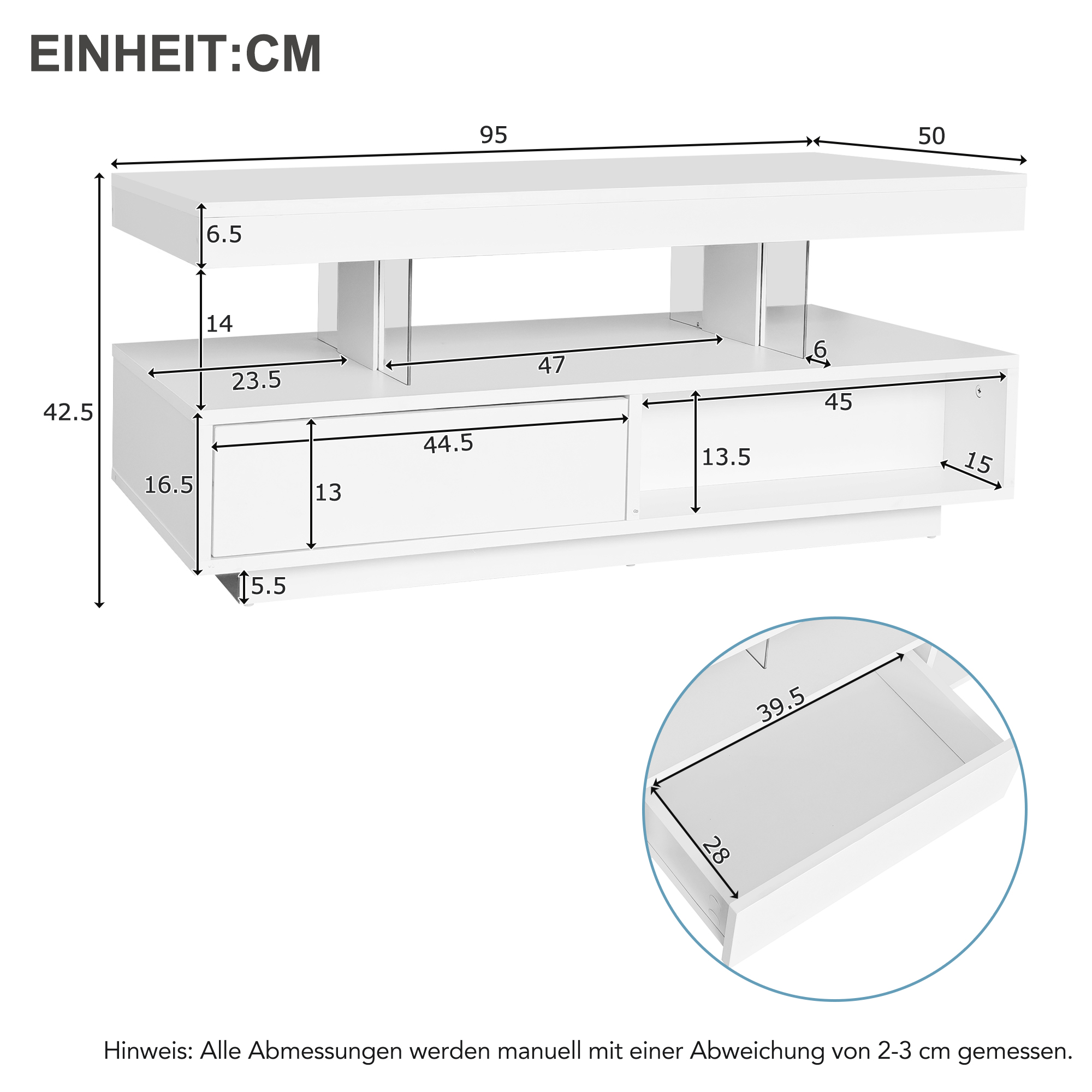 Weiße Couchtisch-Maße: 95x50x42.5cm. Schubladen und Fächer mit Maßen.