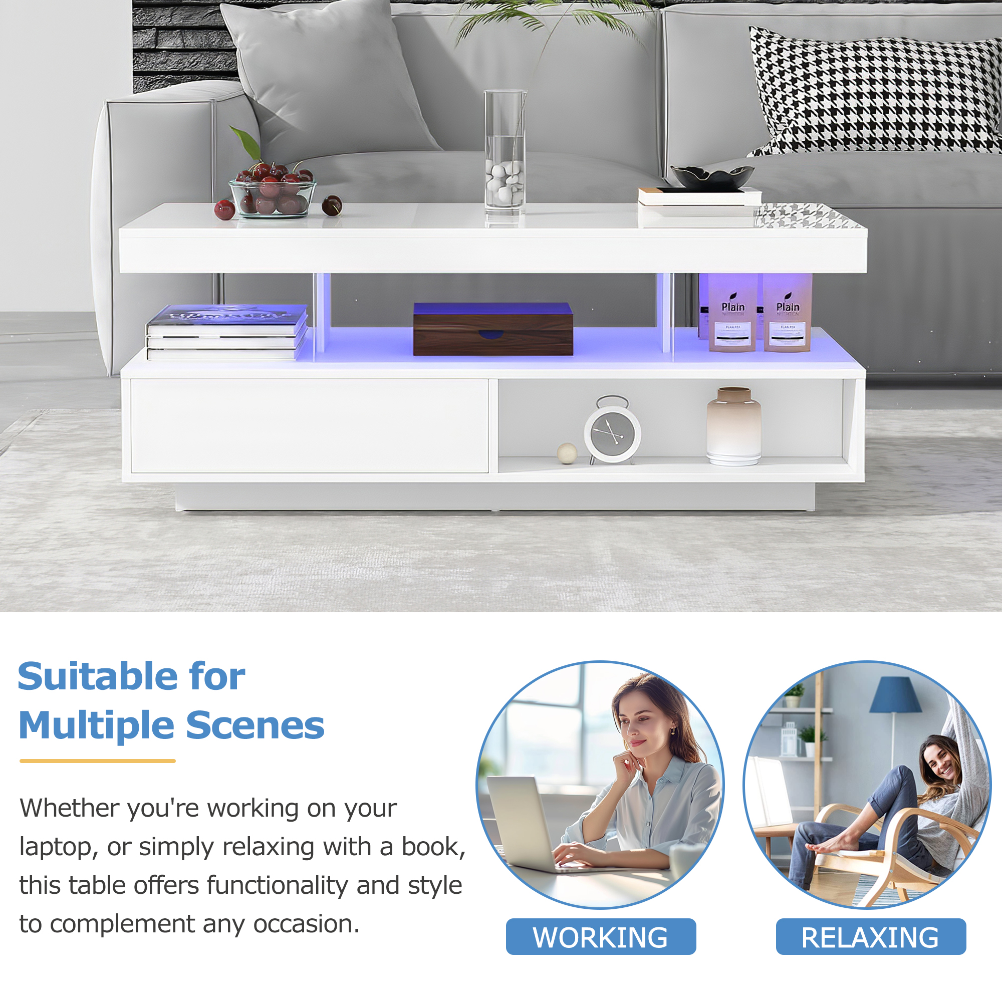 Moderner weißer Couchtisch mit Schubladen, Regal und LED-Beleuchtung.