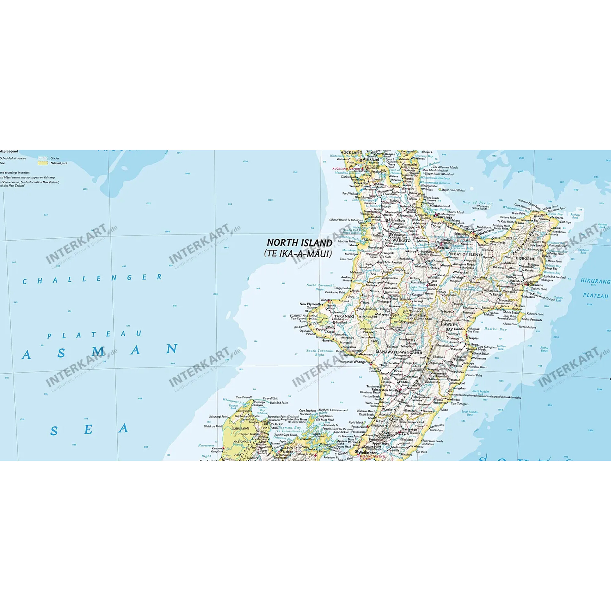 Karte von Neuseelands Nordinsel mit Städten, Gewässern und geografischen Merkmalen.
