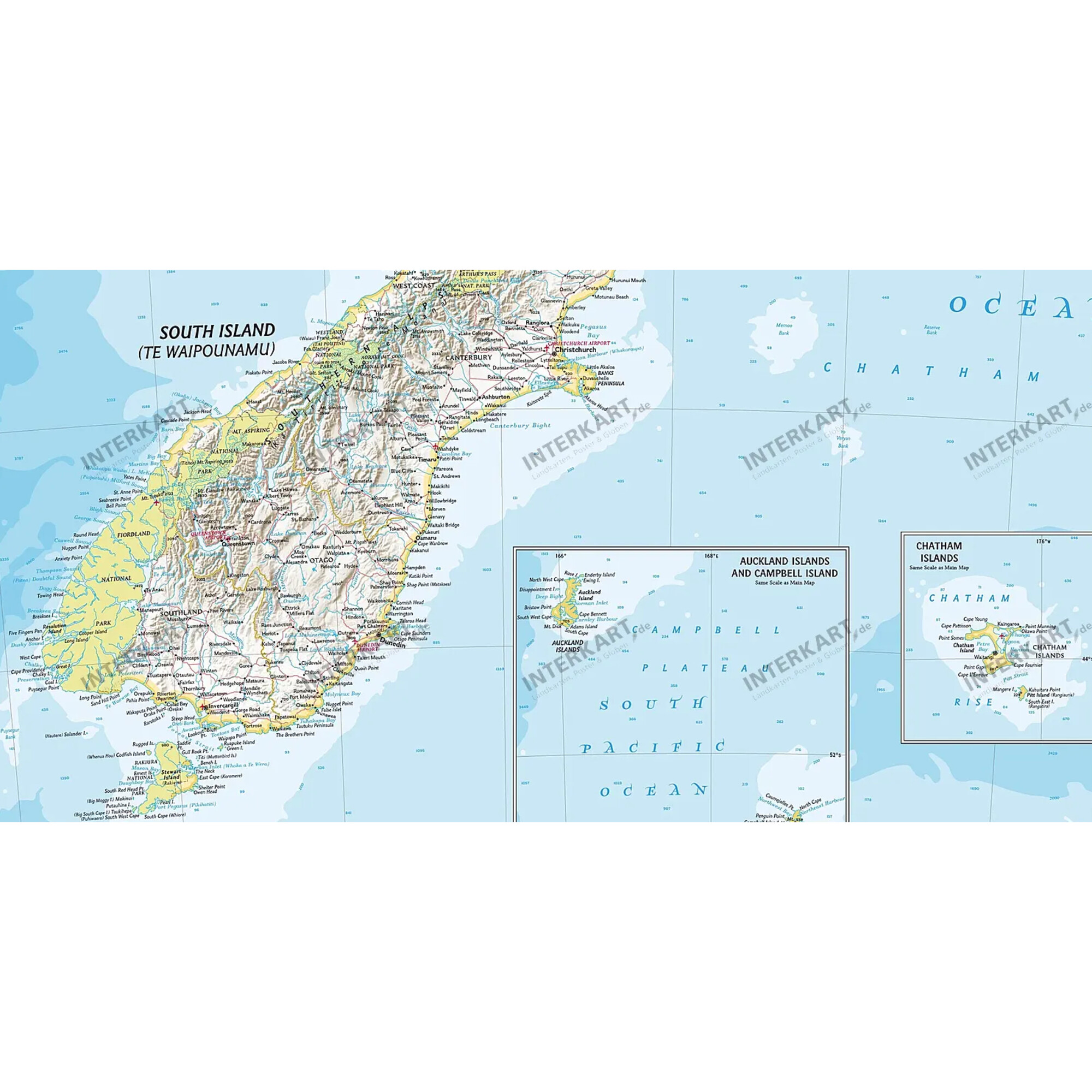 Karte von Neuseelands Südinsel, Auckland und Chatham Inseln mit Städten und Gewässern.