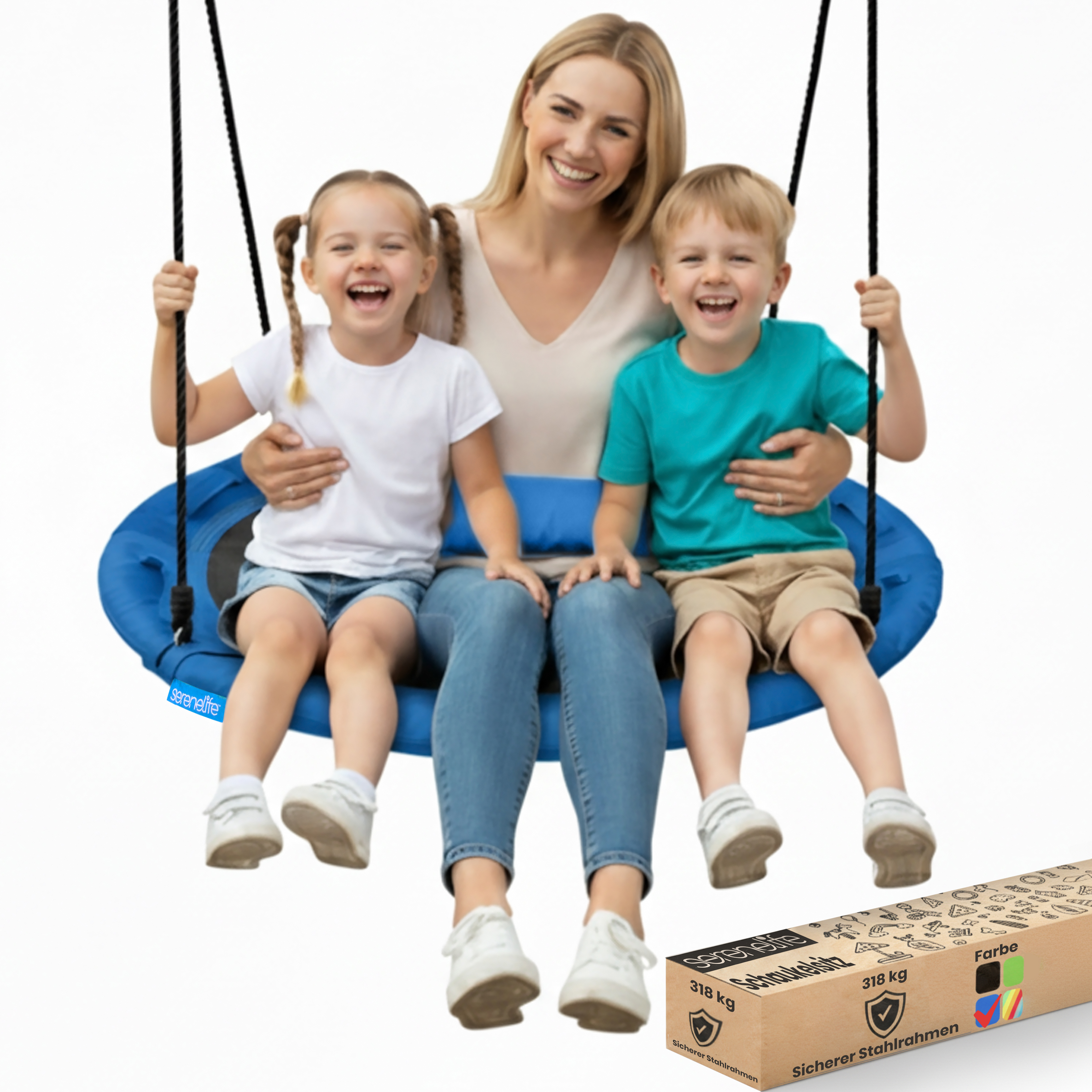 Una donna seduta con due bambini su un'altalena blu, accanto a una scatola prodotto.