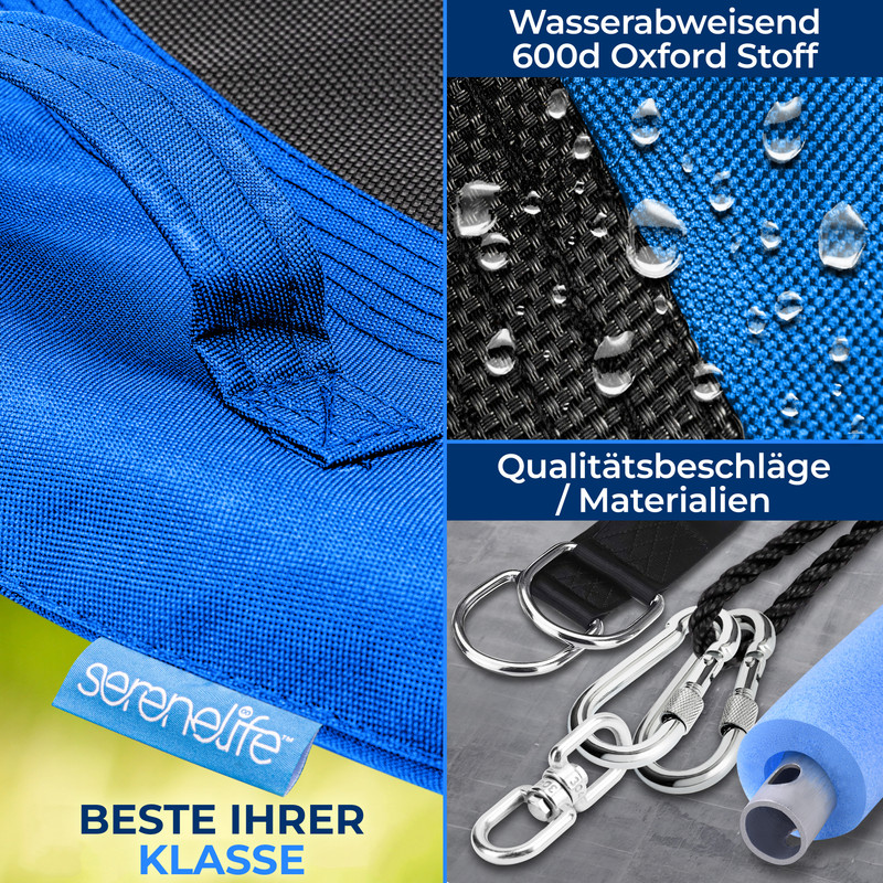 Quattro collage: Borsa in tessuto blu, tessuto con gocce d'acqua, raccordi metallici, rullo in schiuma.
