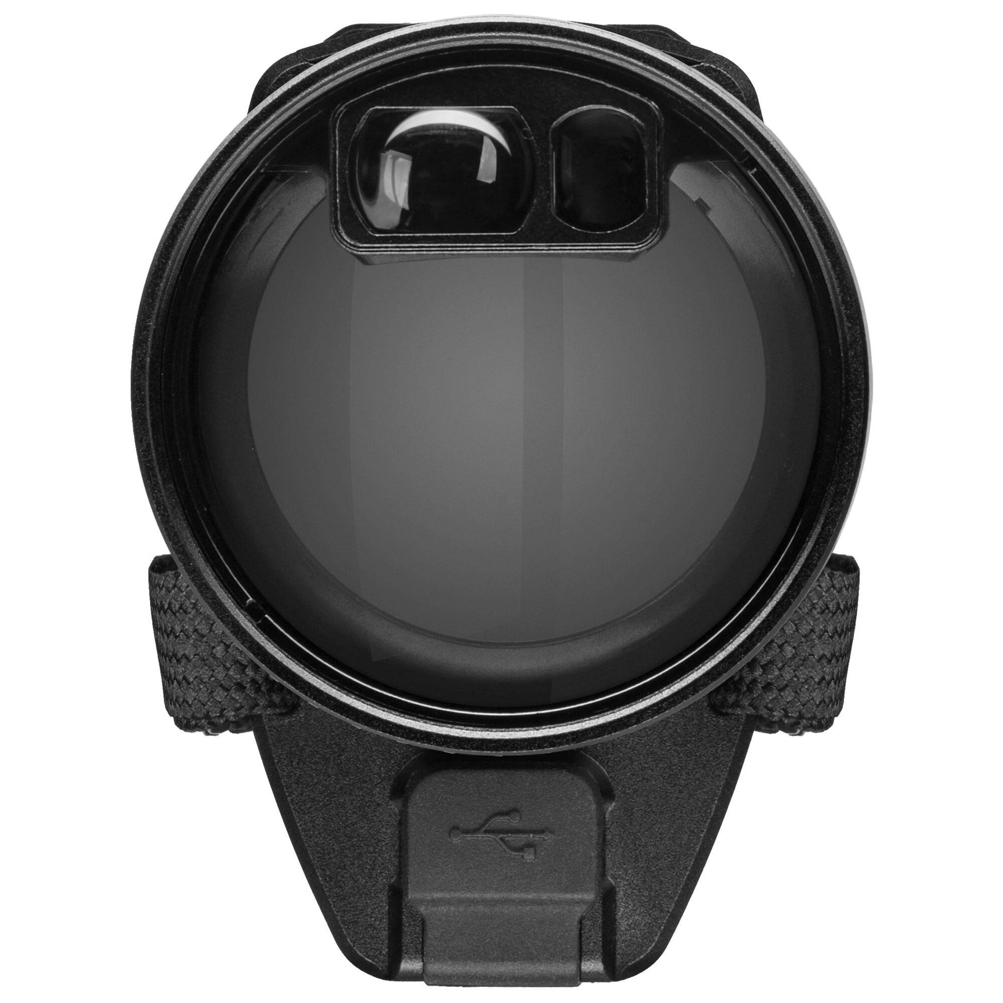 Schwarzes digitales Armbanduhr mit USB-Anschluss und zwei Knöpfen über dem Zifferblatt.