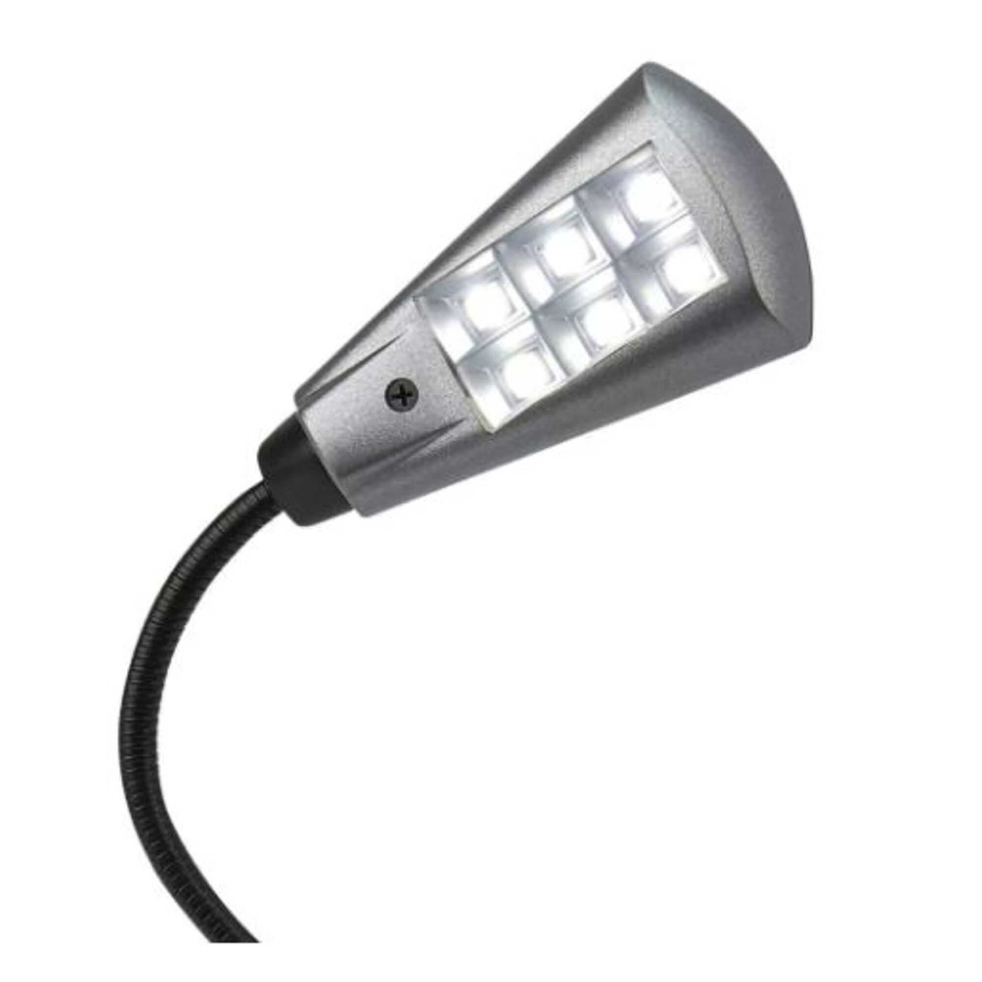 Silberne LED-Leuchte mit flexiblem schwarzen Schlauch, auf weißem Hintergrund.