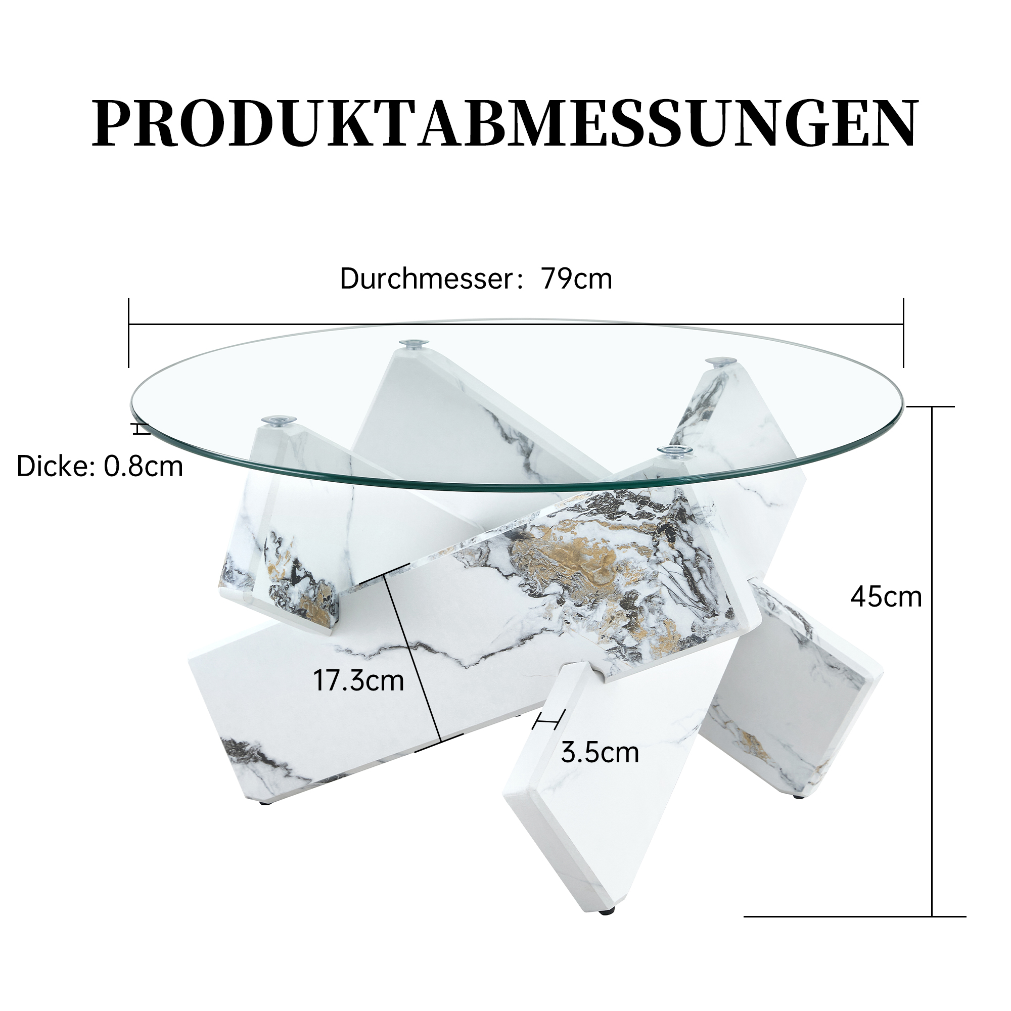 Runder Glastisch mit Marmorsockel. Durchmesser 79cm, Höhe 45cm.