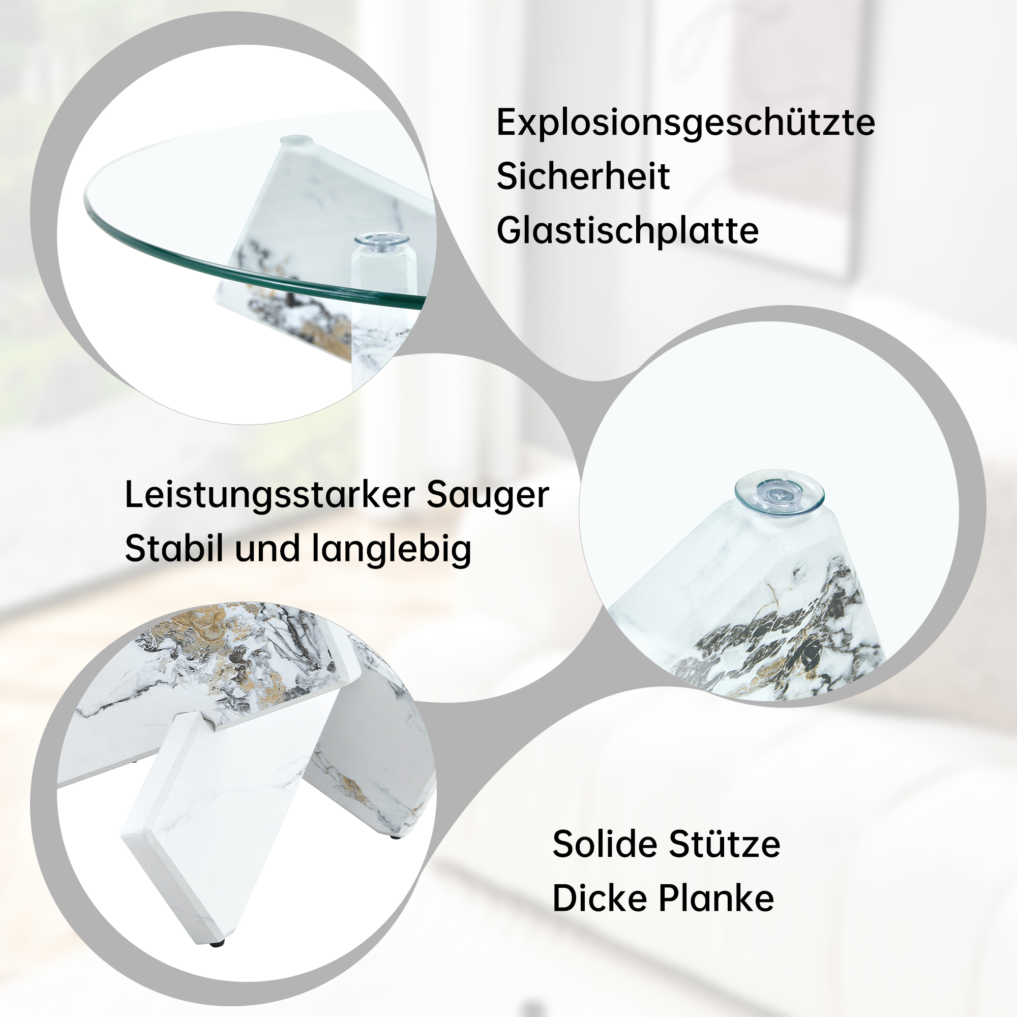 Ein runder Glastisch mit Marmoroptik-Beinen und Saugnäpfen.