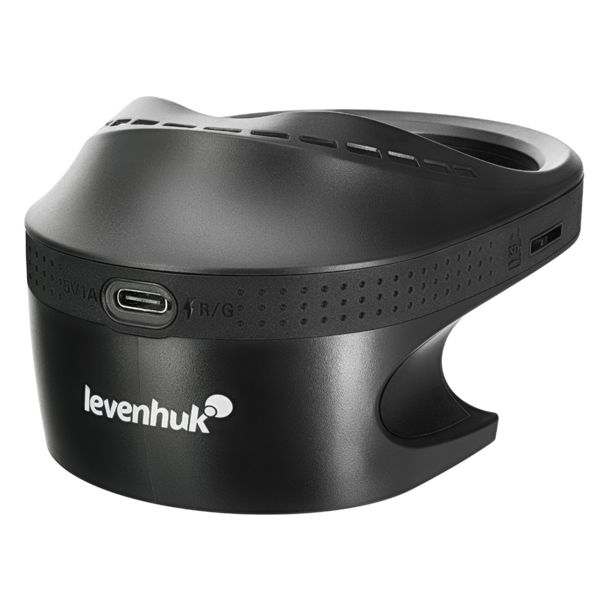 Schwarzes Levenhuk-Stativ mit USB-C- und SD-Kartensteckpl ätzen.
