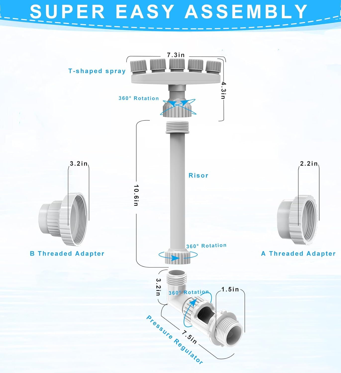 Diagramm zeigt einen T-förmigen Sprühkopf, Steigrohr, Druckregler und Adapter.