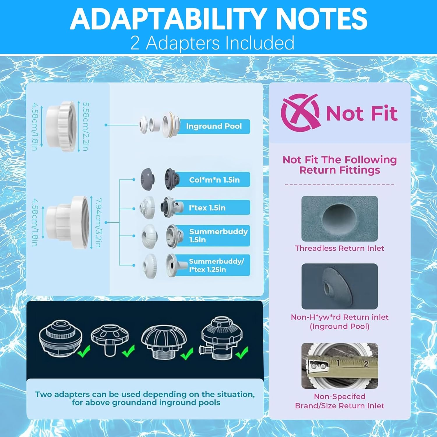 Anleitung zur Pool-Adapter-Kompatibilität mit Maßen und Beispielen.