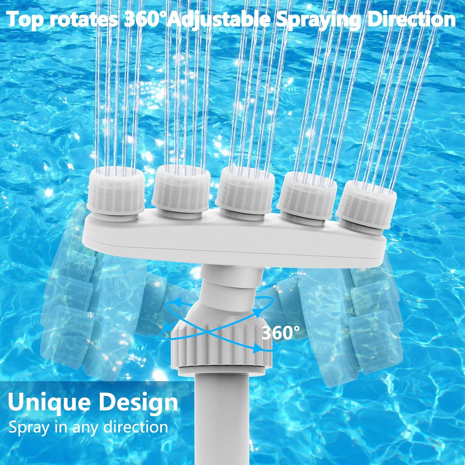 Ein weißer Sprinklerkopf mit mehreren Düsen sprüht Wasserströme in einem Pool.