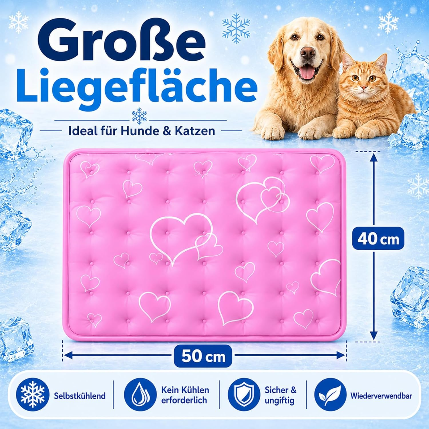 Große pinke Kühlmatte für Hunde & Katzen, 50x40cm, mit Herz-Muster.