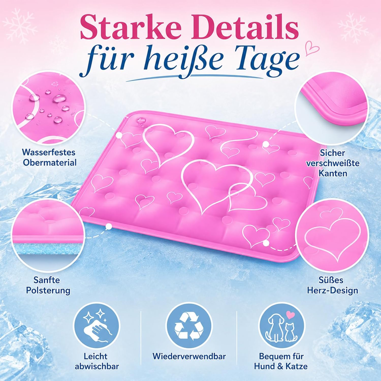 Eine rosa Kühlmatte mit Herzen, für heiße Tage, wasserfest, leicht abwischbar.