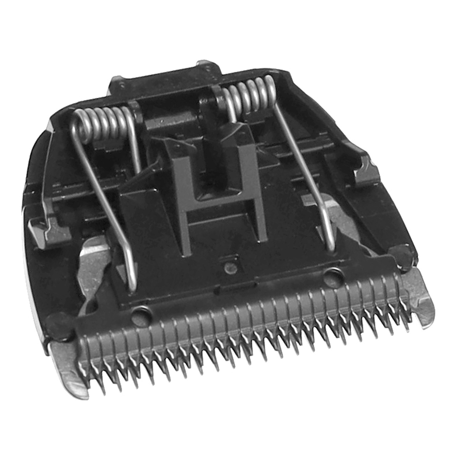 Nahaufnahme eines schwarzen Haarschneidekopfes mit Metallklingen und Federn.