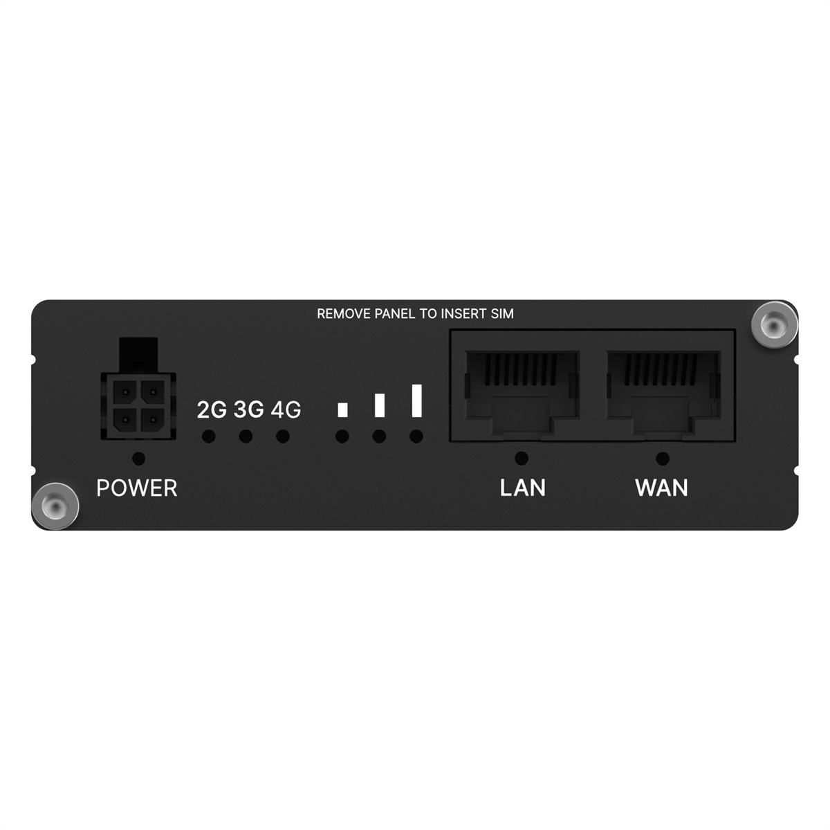 Rückseite eines schwarzen Routers mit Anschlüssen: Power, 2G/3G/4G-LEDs, LAN und WAN.