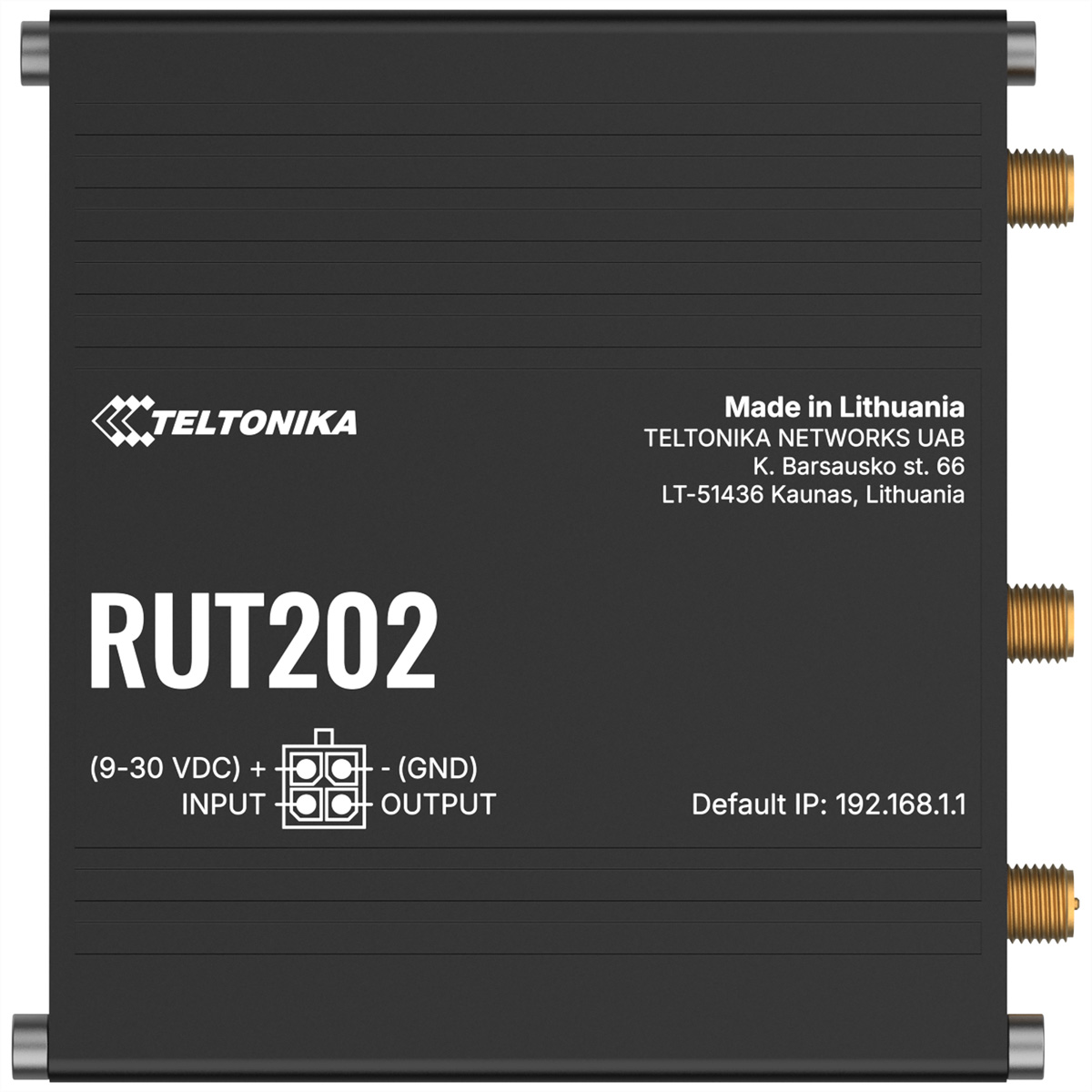Schwarzes Teltonika RUT202 Router-Gehäuse mit Anschlüssen und Beschriftung.