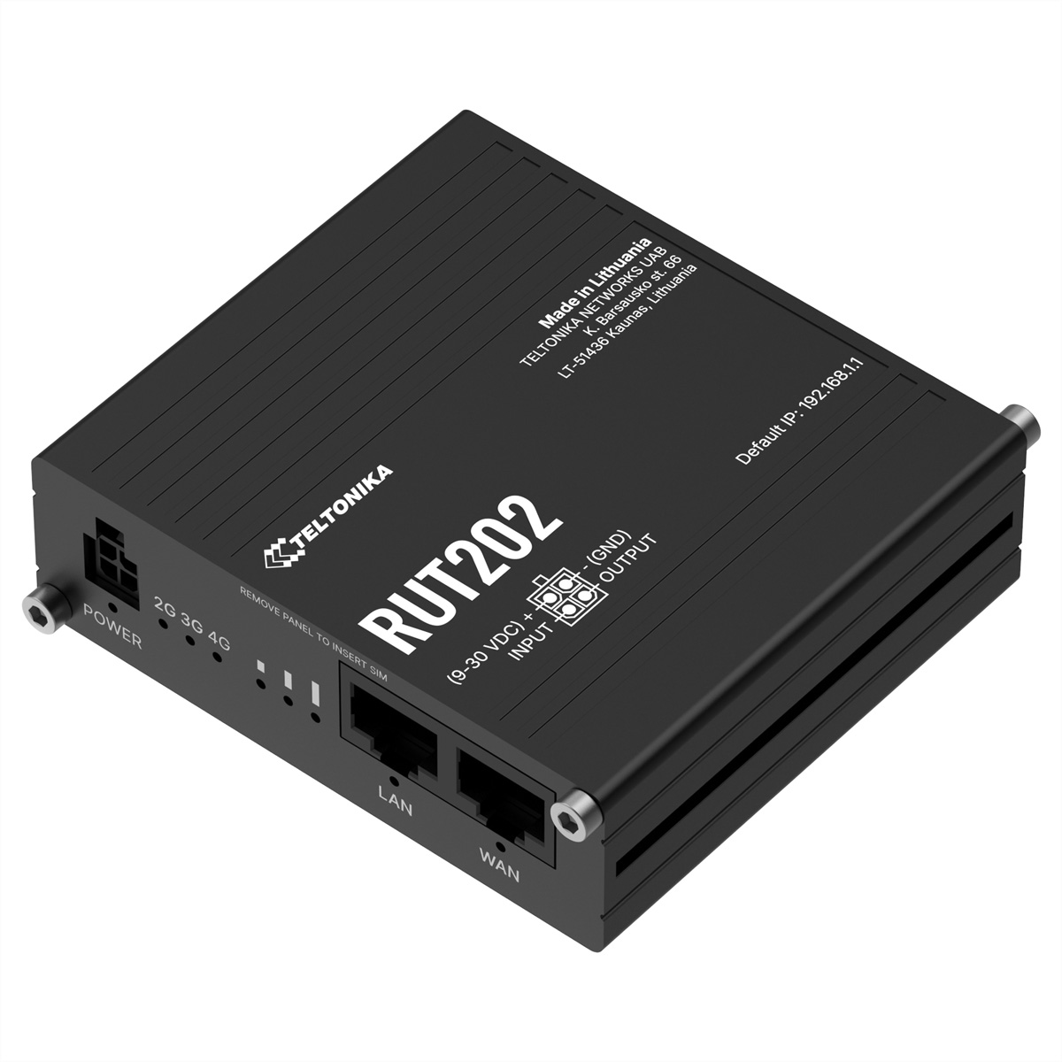 Schwarzer Teltonika RUT202 Router mit Anschlüssen: Power, LAN, WAN, SIM-Fach.